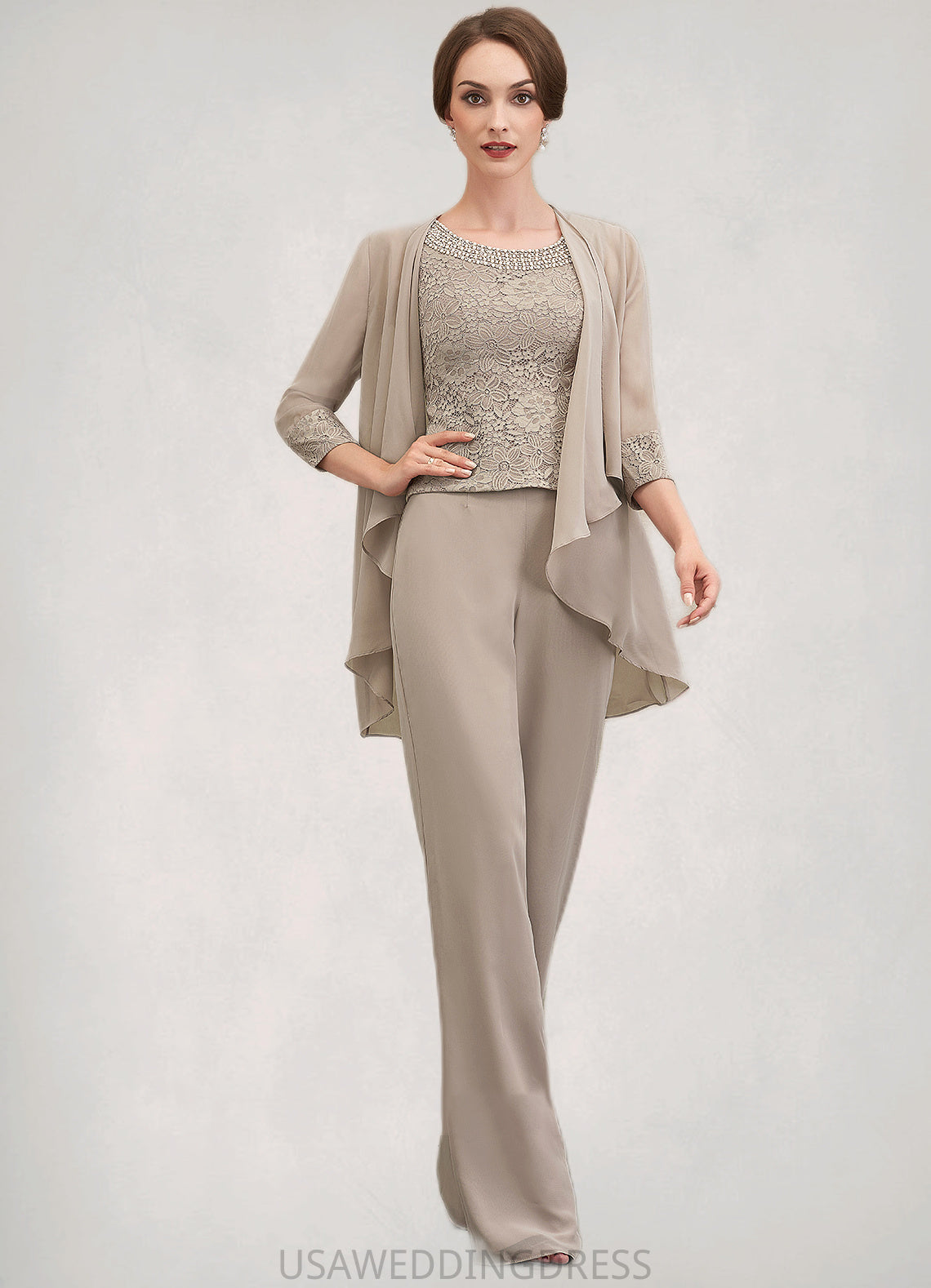 Carley Jumpsuit/Pantsuit Scoop Neck Floor-Length Chiffon Lace Mother of the Bride Dress With Beading Sequins DS126P0014946
