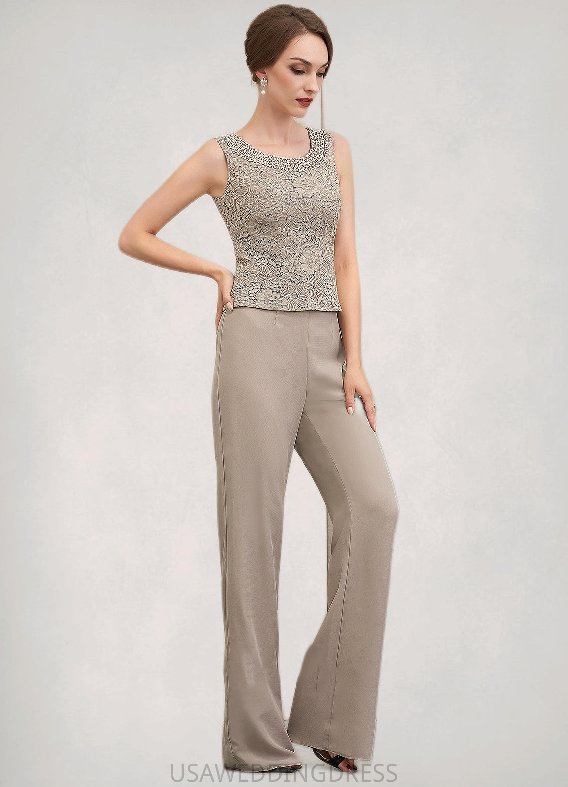 Carley Jumpsuit/Pantsuit Scoop Neck Floor-Length Chiffon Lace Mother of the Bride Dress With Beading Sequins DS126P0014946