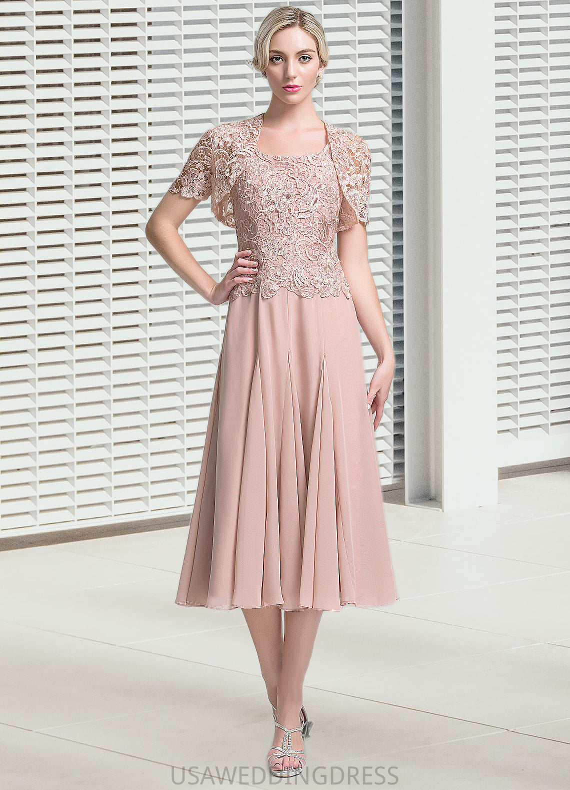 Deanna A-Line Square Neckline Tea-Length Chiffon Mother of the Bride Dress DS126P0014947
