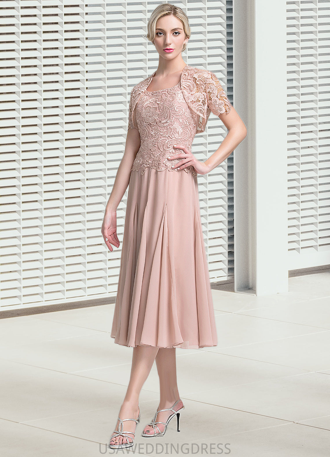 Deanna A-Line Square Neckline Tea-Length Chiffon Mother of the Bride Dress DS126P0014947