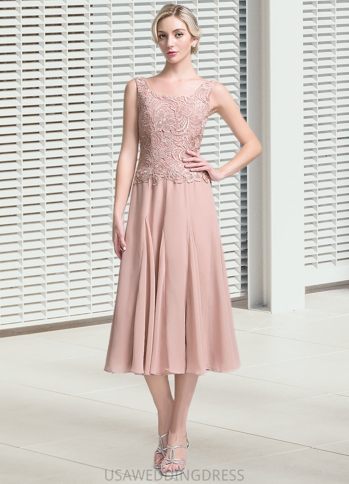 Deanna A-Line Square Neckline Tea-Length Chiffon Mother of the Bride Dress DS126P0014947