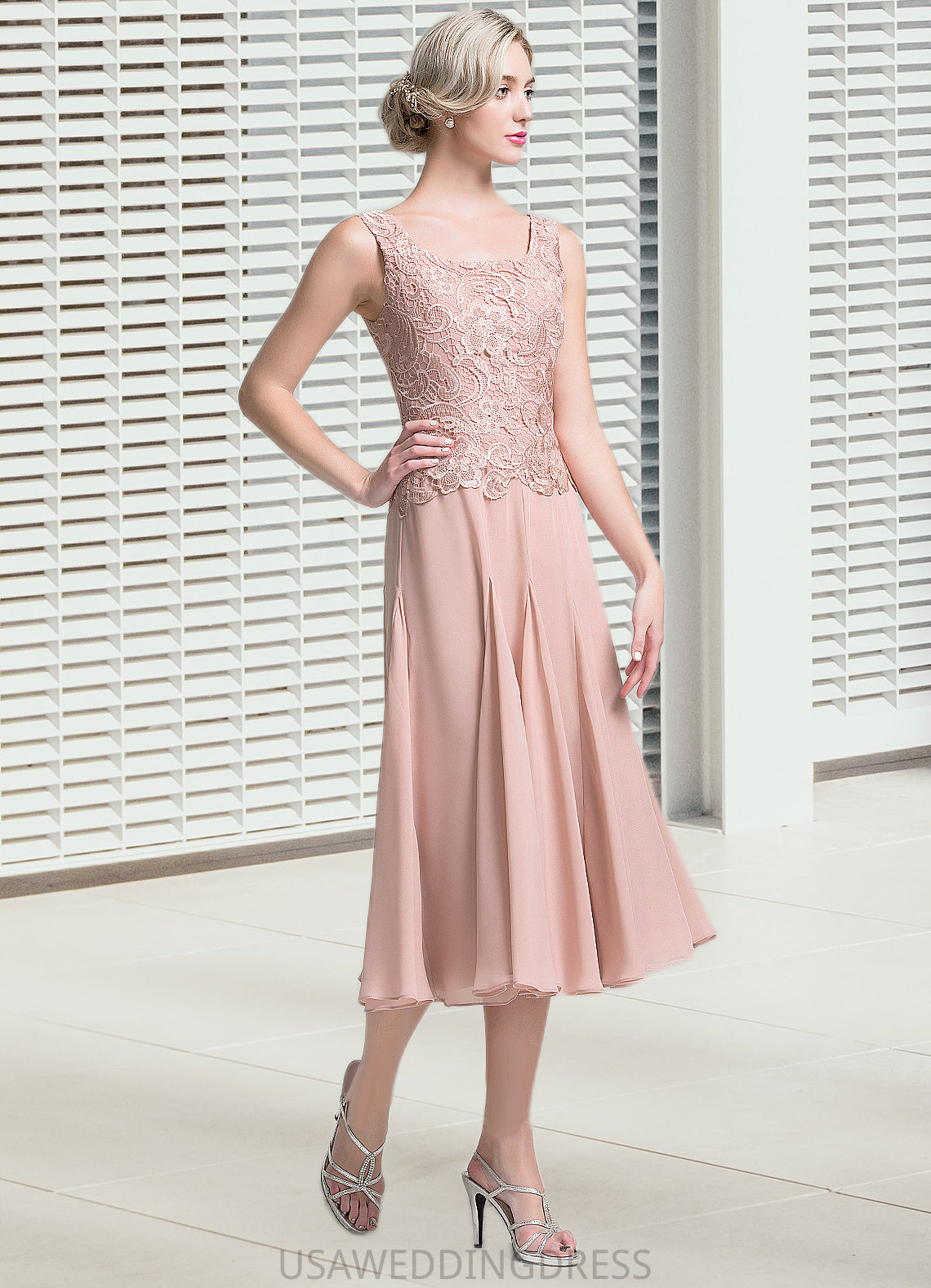 Deanna A-Line Square Neckline Tea-Length Chiffon Mother of the Bride Dress DS126P0014947