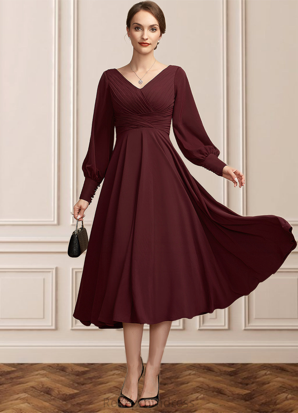 Mildred A-Line V-neck Tea-Length Mother of the Bride Dress With Ruffle SRS126P0014948