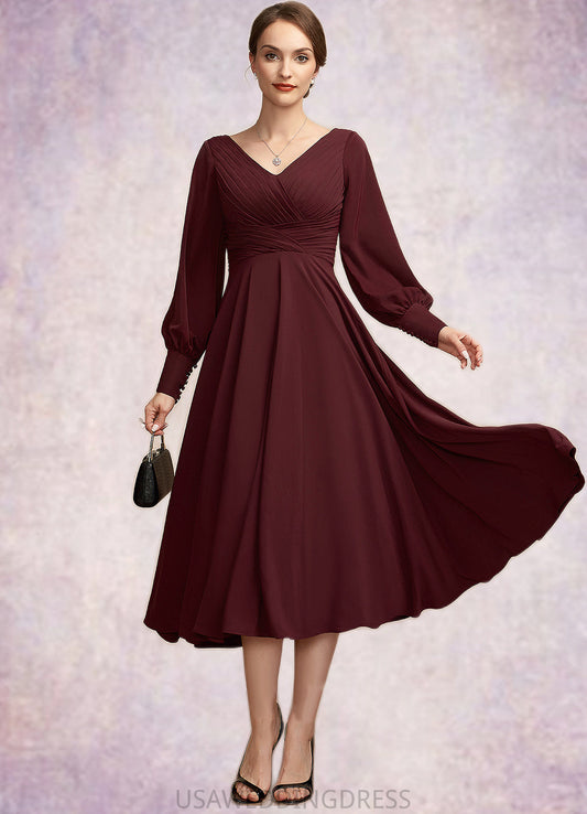Hailey A-Line V-neck Tea-Length Mother of the Bride Dress With Ruffle DS126P0014948
