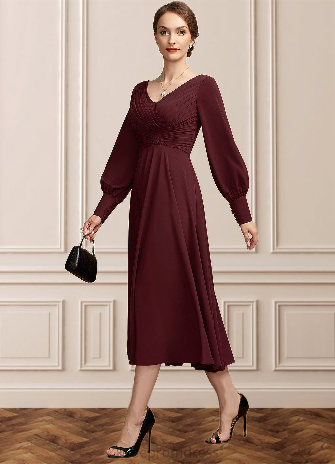 Mildred A-Line V-neck Tea-Length Mother of the Bride Dress With Ruffle SRS126P0014948