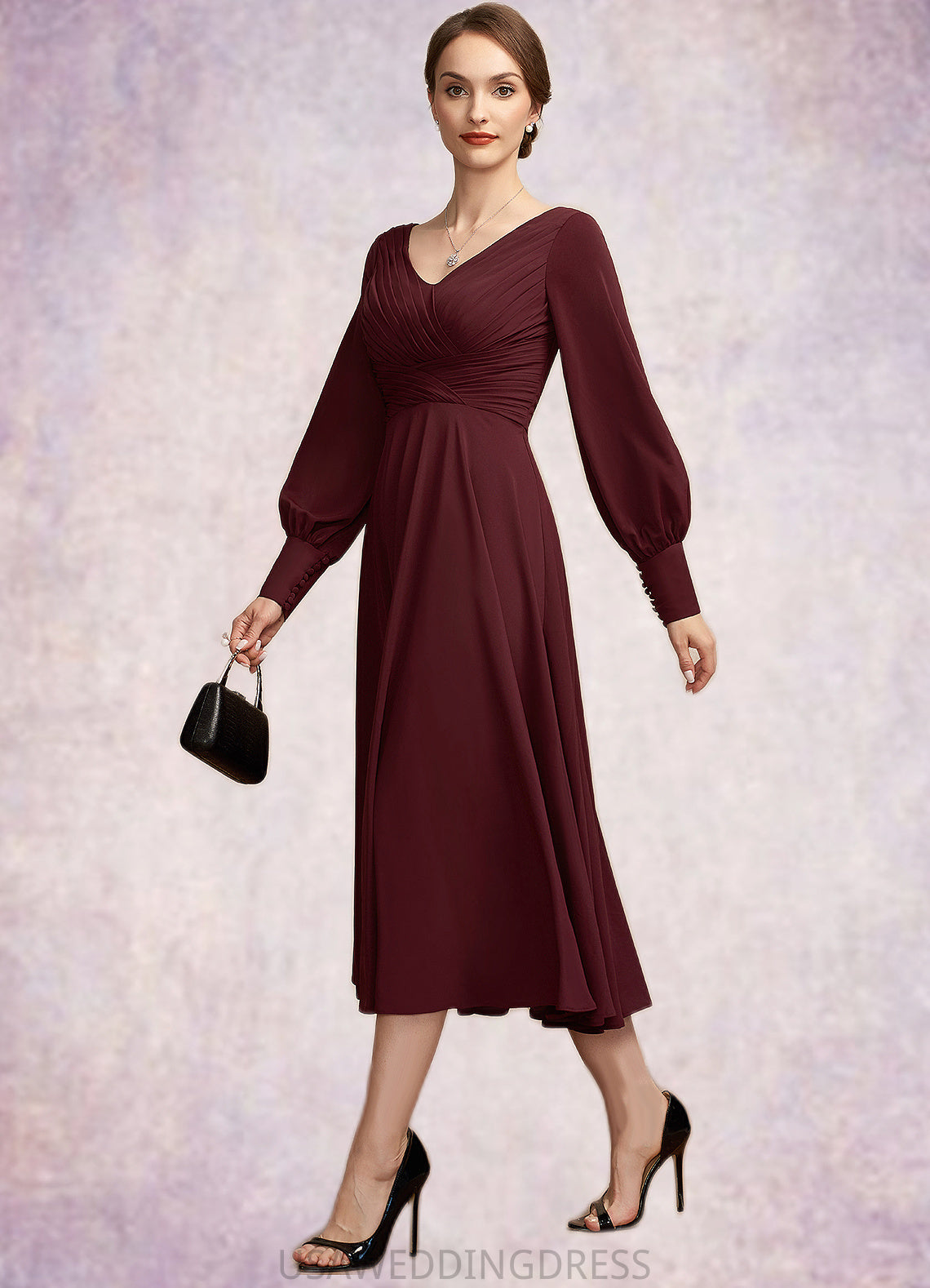 Hailey A-Line V-neck Tea-Length Mother of the Bride Dress With Ruffle DS126P0014948