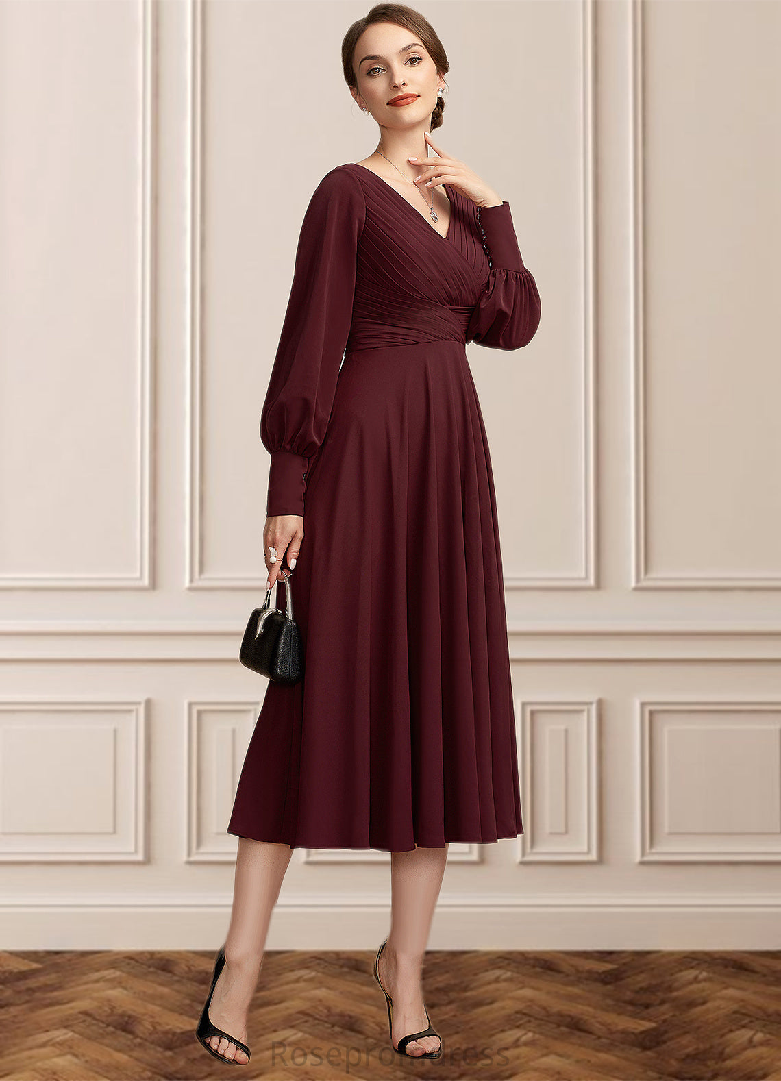 Mildred A-Line V-neck Tea-Length Mother of the Bride Dress With Ruffle SRS126P0014948