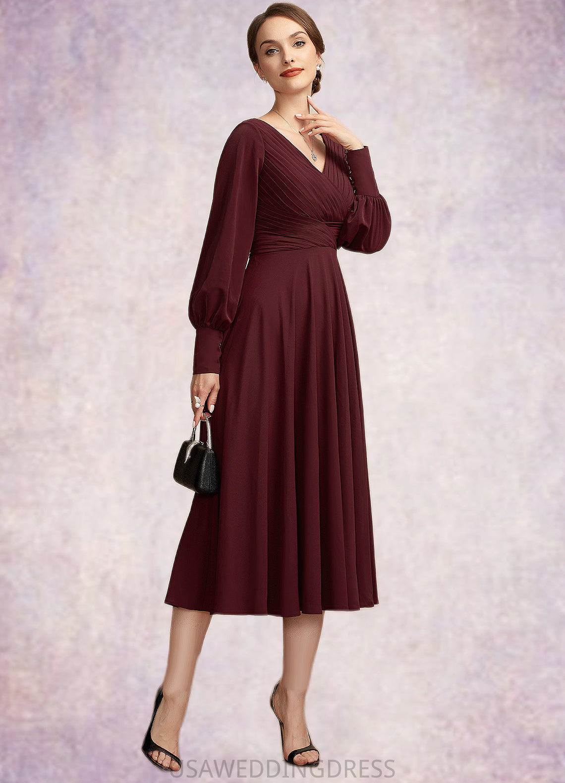Hailey A-Line V-neck Tea-Length Mother of the Bride Dress With Ruffle DS126P0014948
