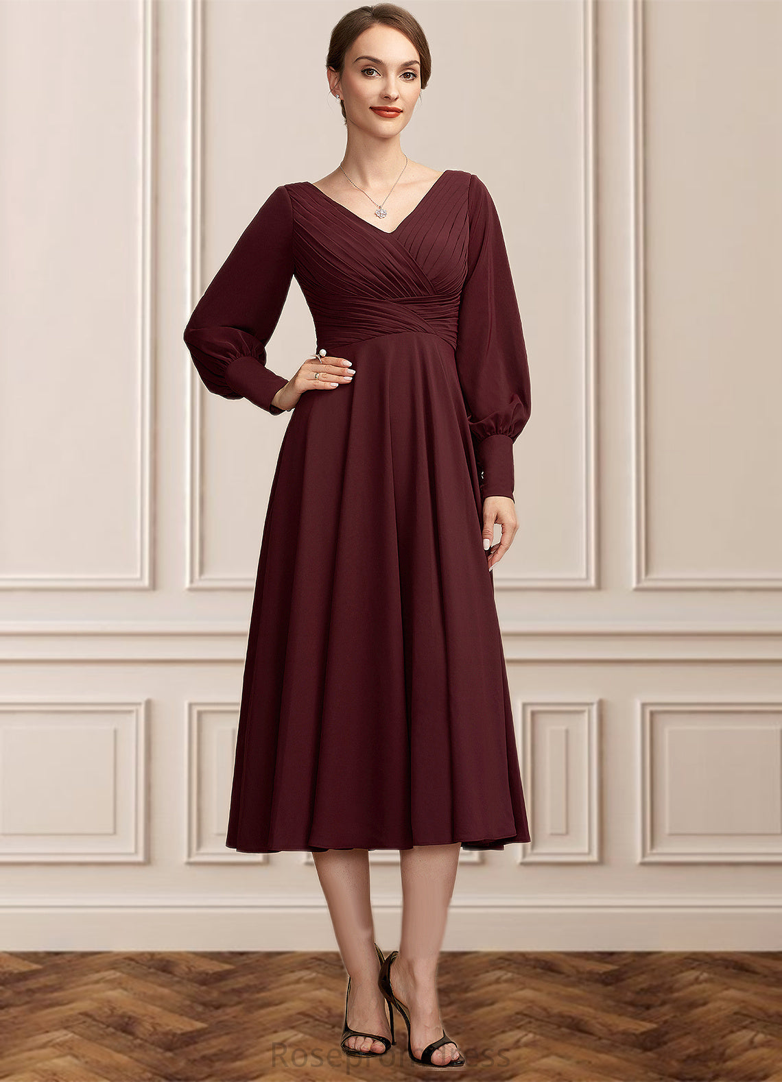 Mildred A-Line V-neck Tea-Length Mother of the Bride Dress With Ruffle SRS126P0014948