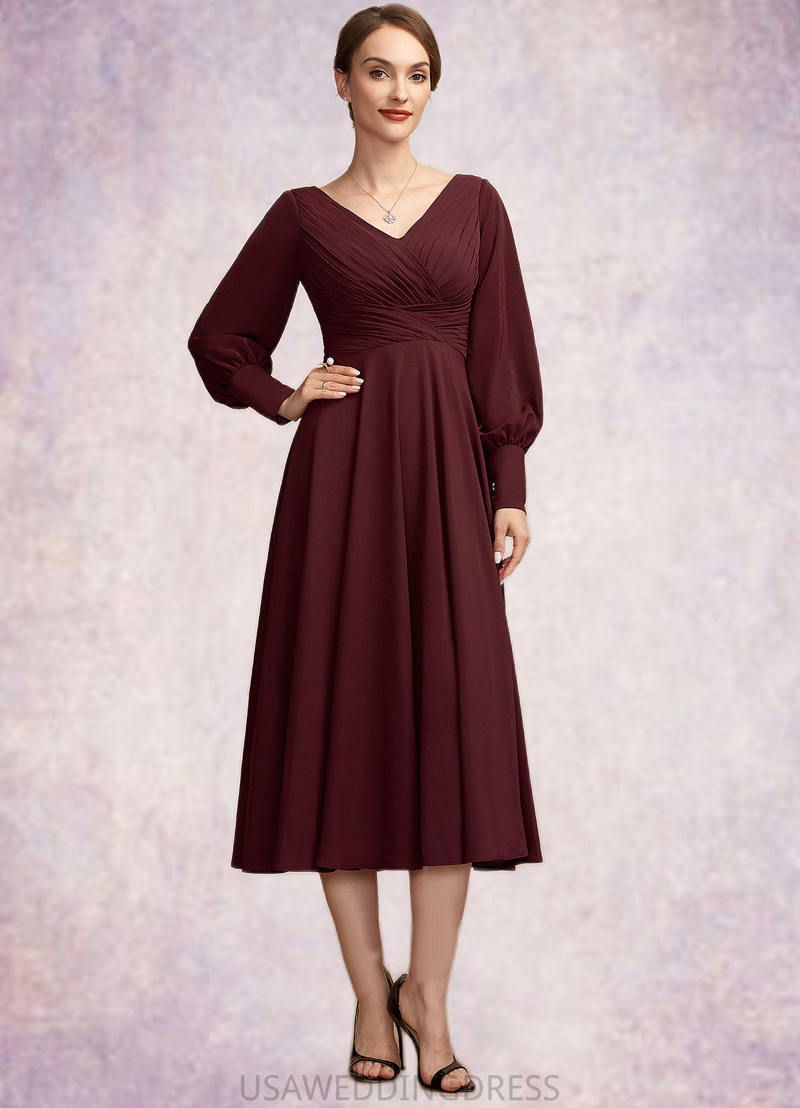 Hailey A-Line V-neck Tea-Length Mother of the Bride Dress With Ruffle DS126P0014948