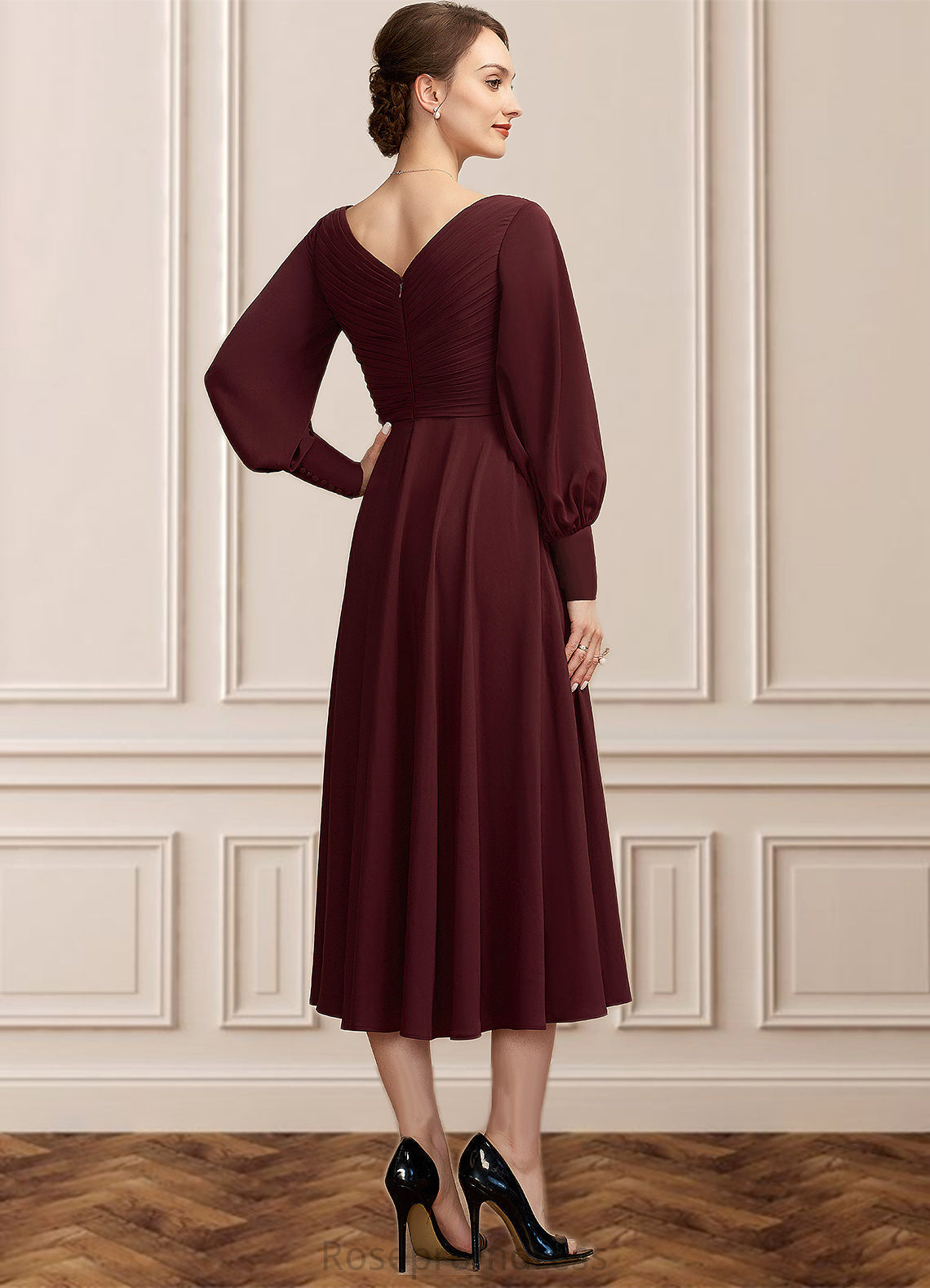 Mildred A-Line V-neck Tea-Length Mother of the Bride Dress With Ruffle SRS126P0014948