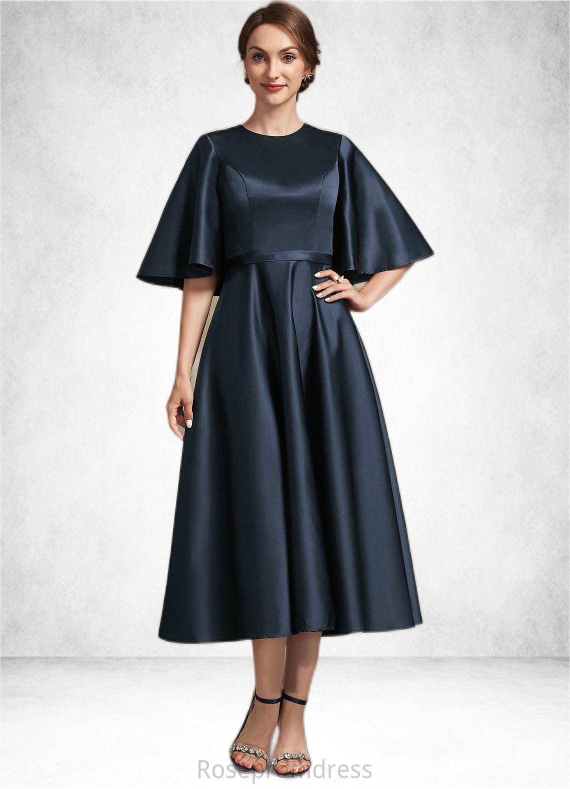 Giana A-Line Scoop Neck Tea-Length Satin Mother of the Bride Dress SRS126P0014949