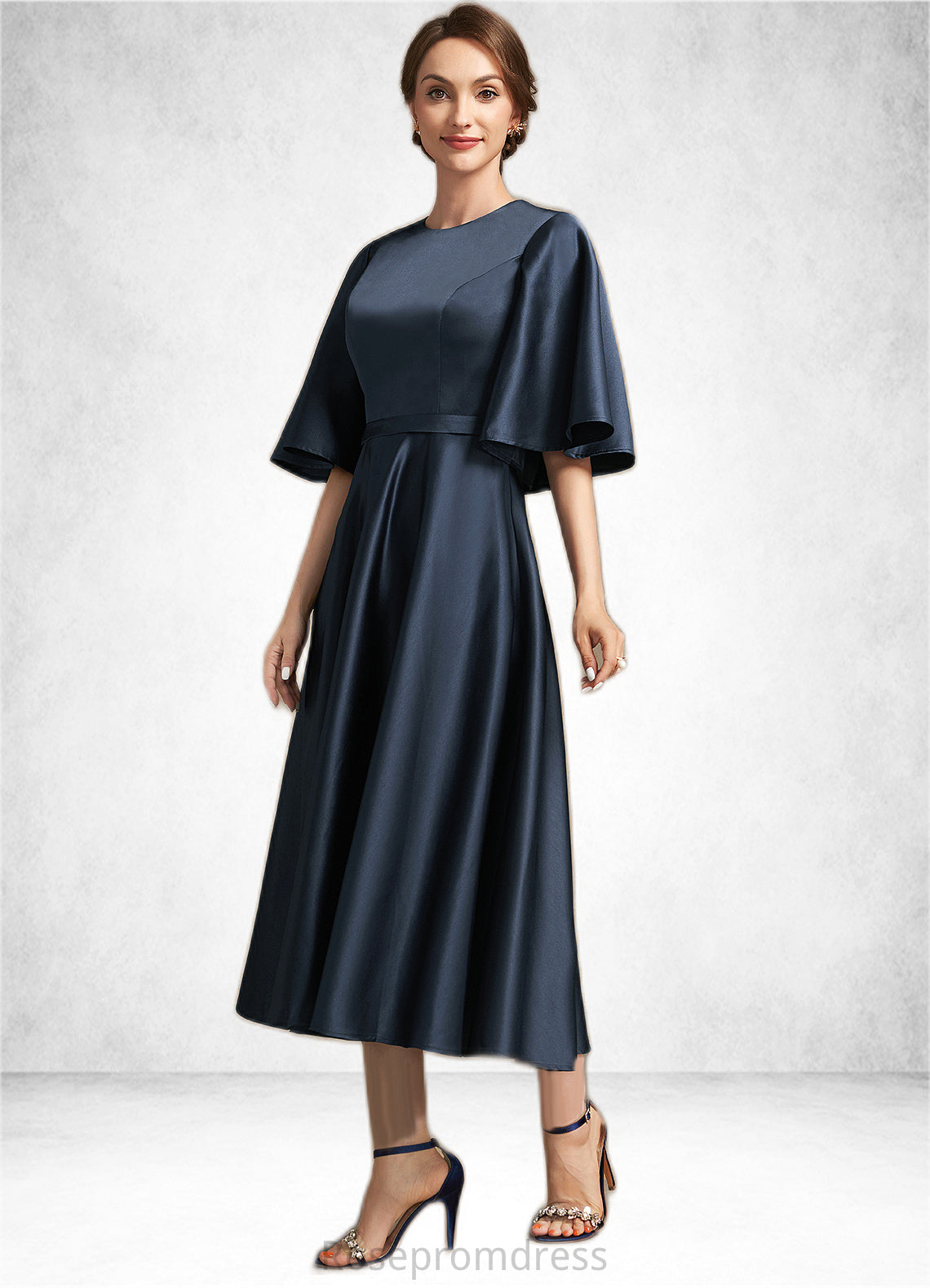 Giana A-Line Scoop Neck Tea-Length Satin Mother of the Bride Dress SRS126P0014949