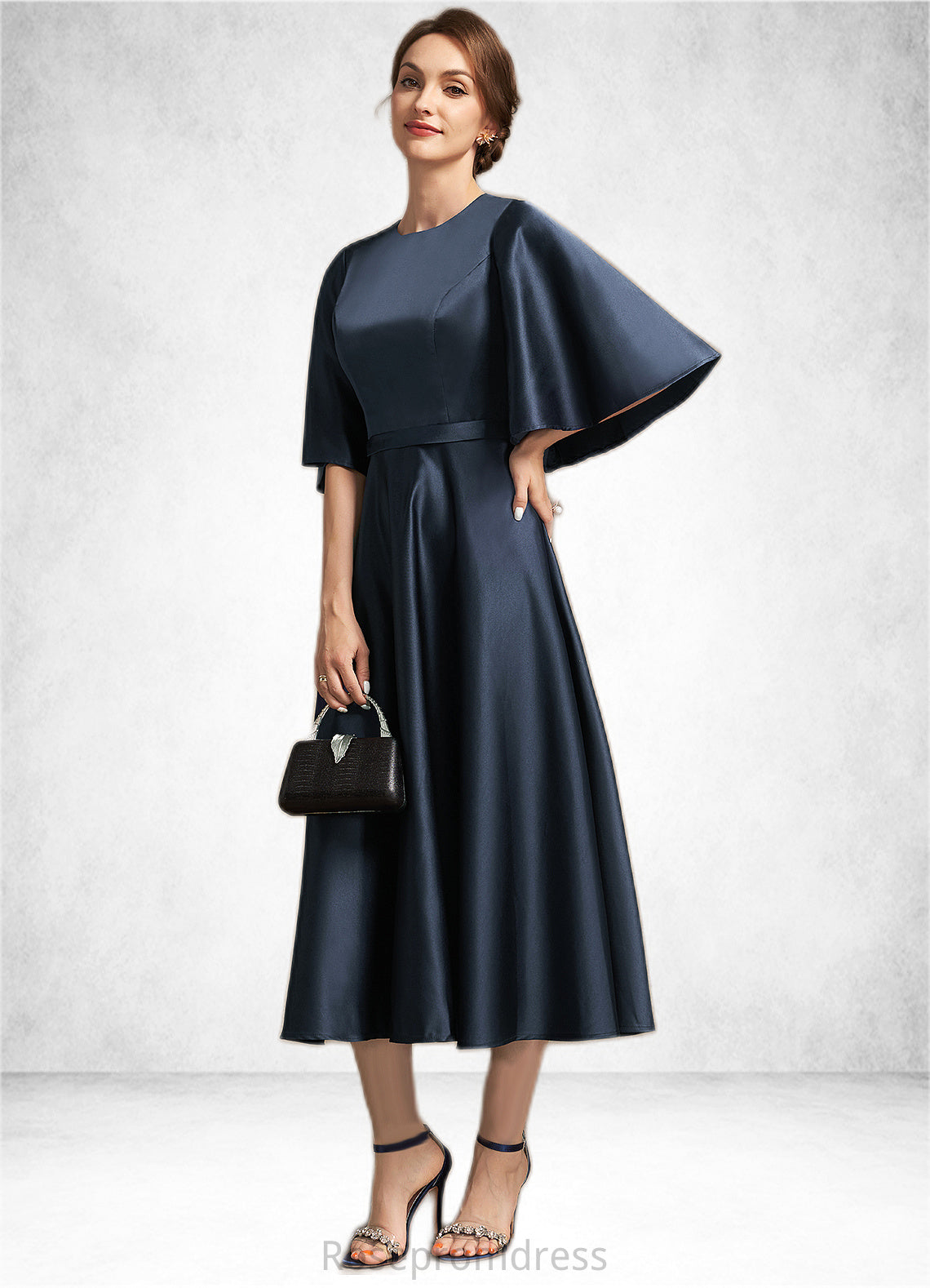 Giana A-Line Scoop Neck Tea-Length Satin Mother of the Bride Dress SRS126P0014949