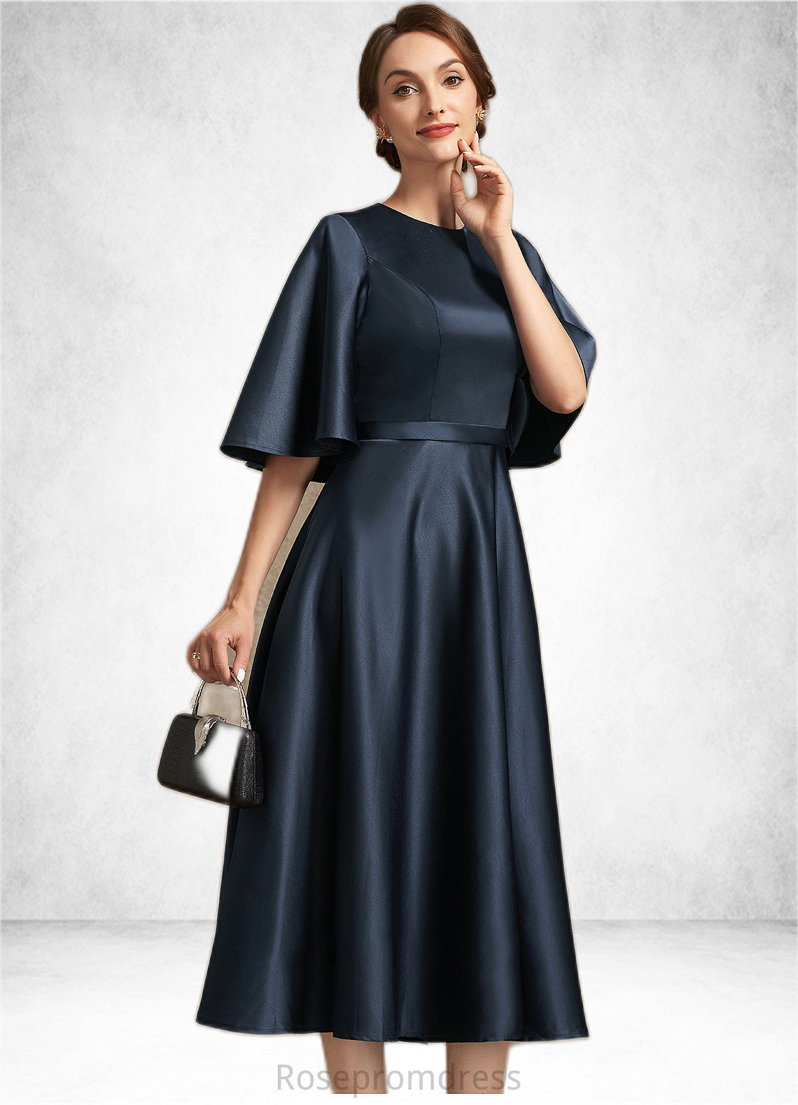 Giana A-Line Scoop Neck Tea-Length Satin Mother of the Bride Dress SRS126P0014949