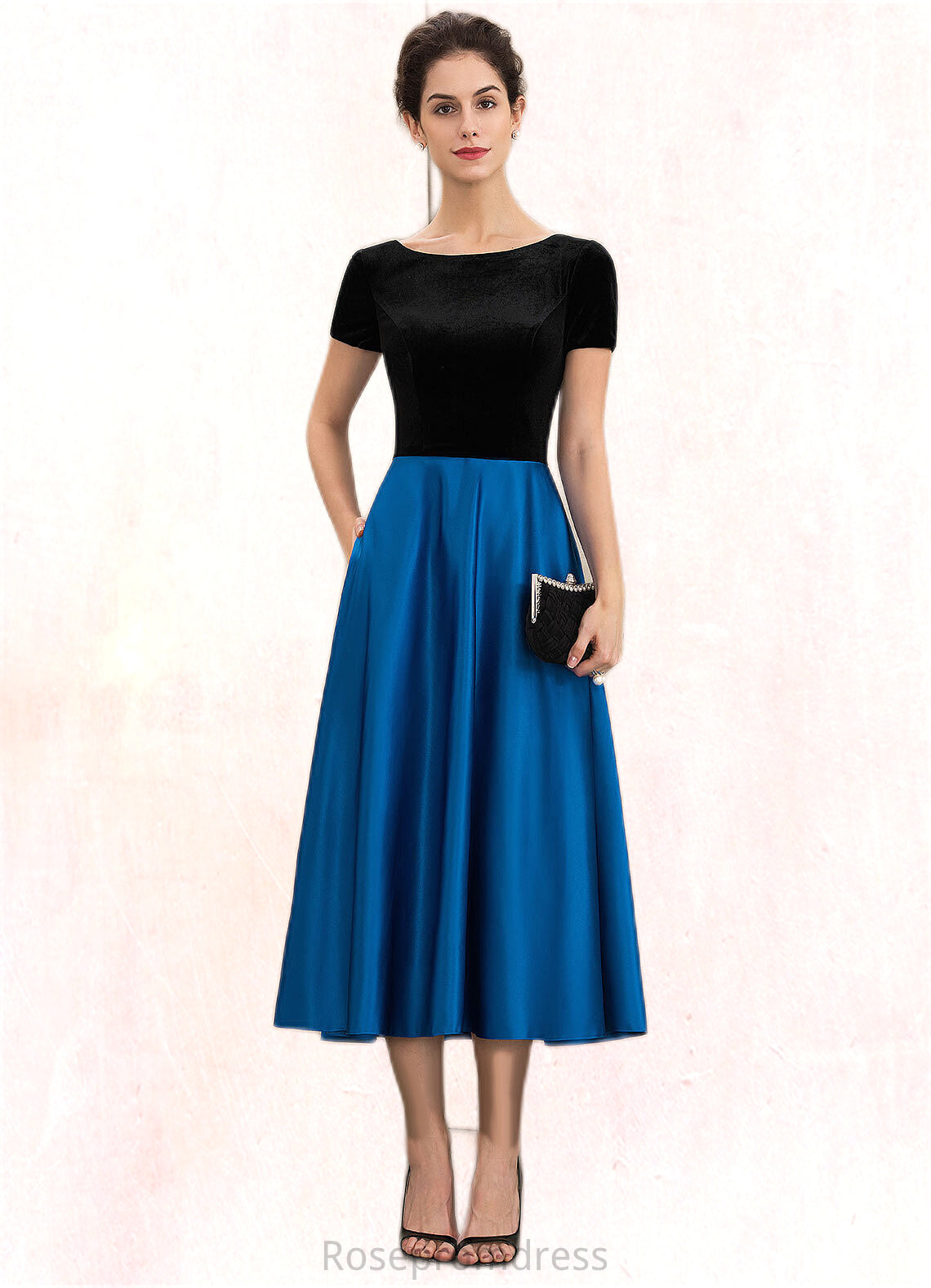 Aria A-Line Scoop Neck Tea-Length Satin Velvet Mother of the Bride Dress With Pockets SRS126P0014950