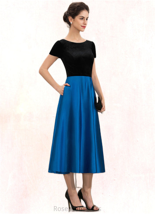 Aria A-Line Scoop Neck Tea-Length Satin Velvet Mother of the Bride Dress With Pockets SRS126P0014950
