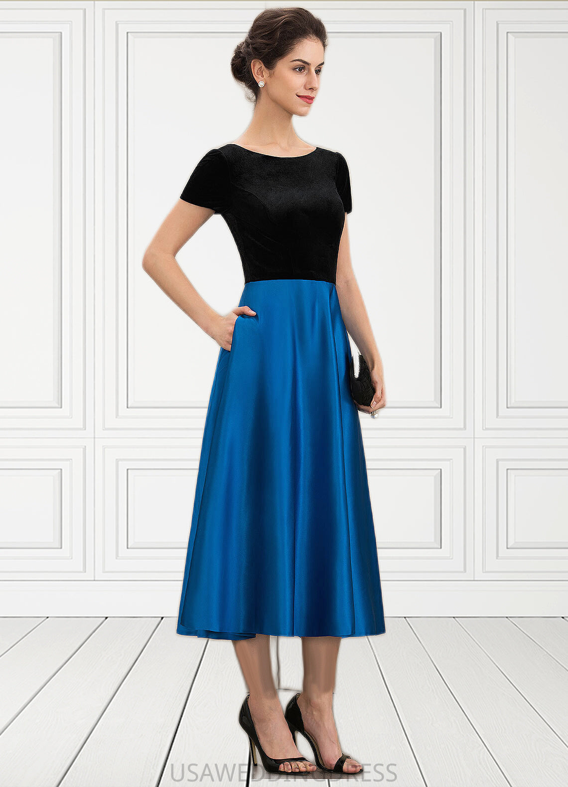 Reina A-Line Scoop Neck Tea-Length Satin Velvet Mother of the Bride Dress With Pockets DS126P0014950