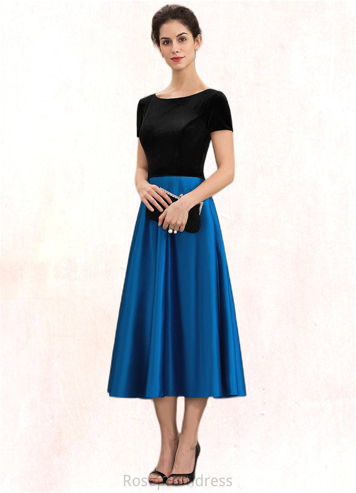 Aria A-Line Scoop Neck Tea-Length Satin Velvet Mother of the Bride Dress With Pockets SRS126P0014950
