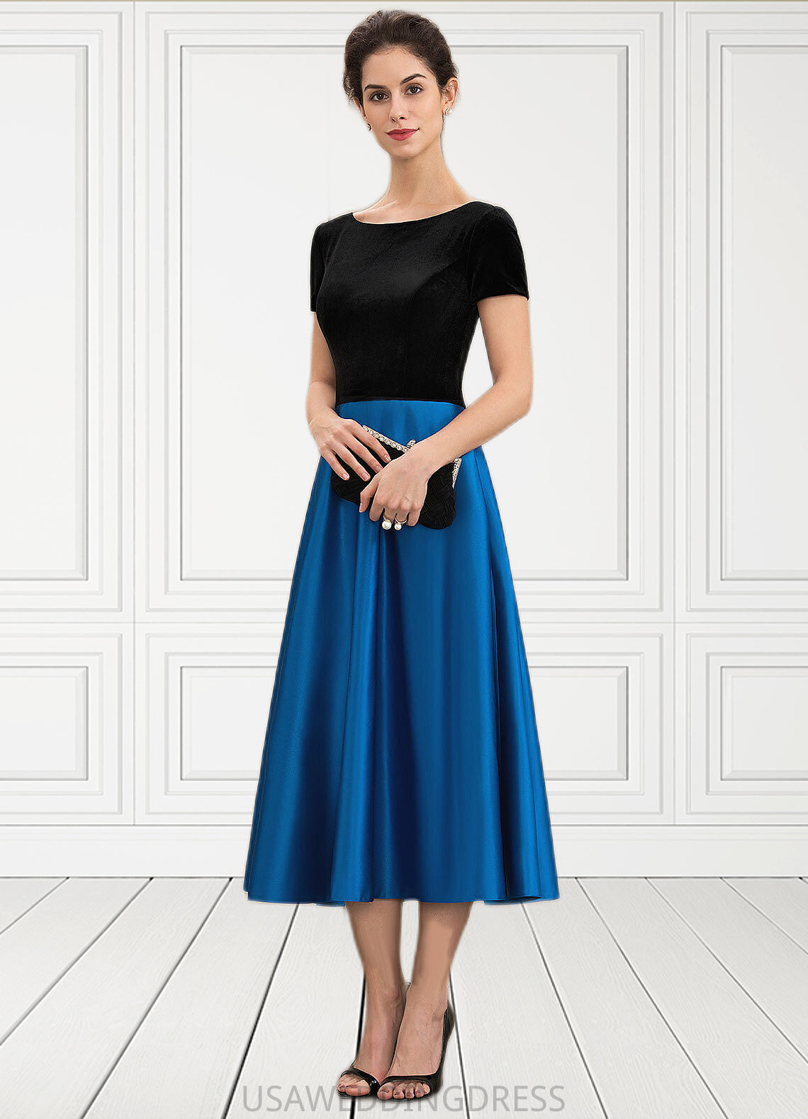 Reina A-Line Scoop Neck Tea-Length Satin Velvet Mother of the Bride Dress With Pockets DS126P0014950
