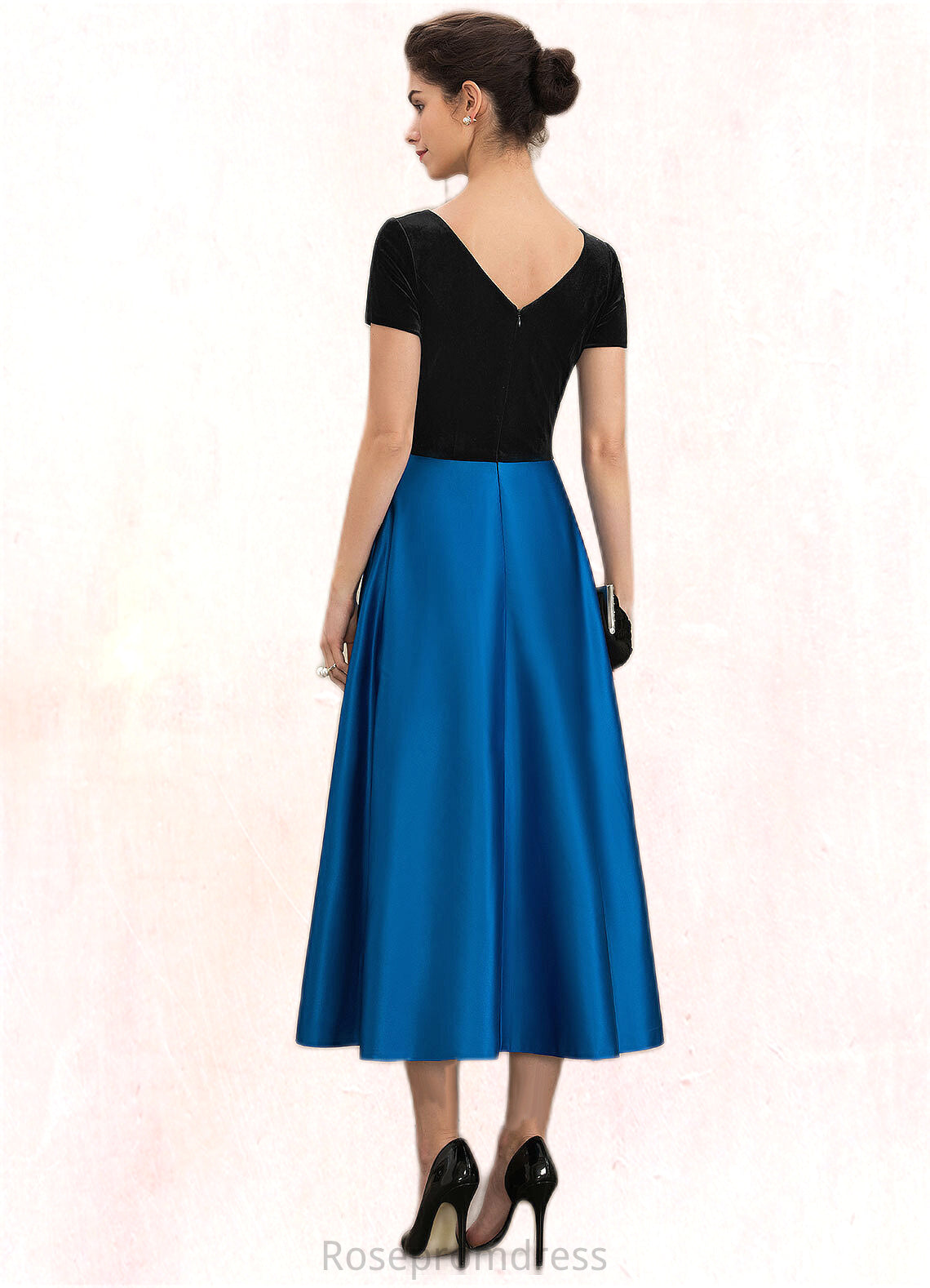 Aria A-Line Scoop Neck Tea-Length Satin Velvet Mother of the Bride Dress With Pockets SRS126P0014950