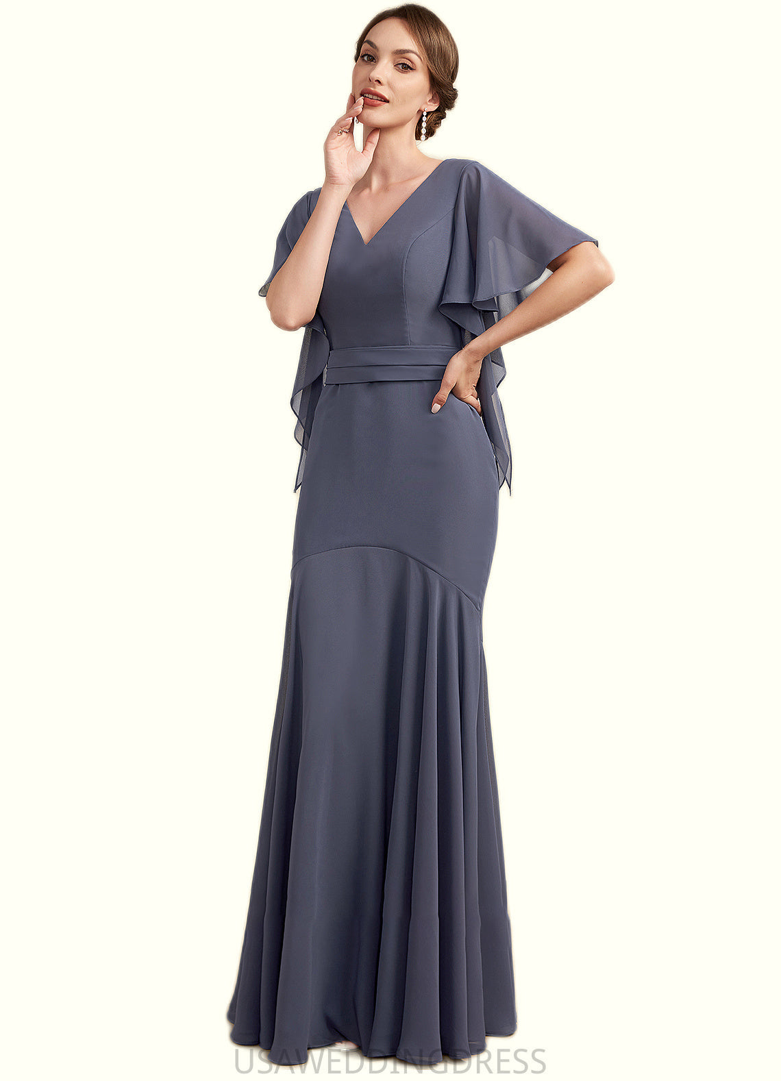Hazel Trumpet/Mermaid V-neck Floor-Length Chiffon Mother of the Bride Dress DS126P0014951