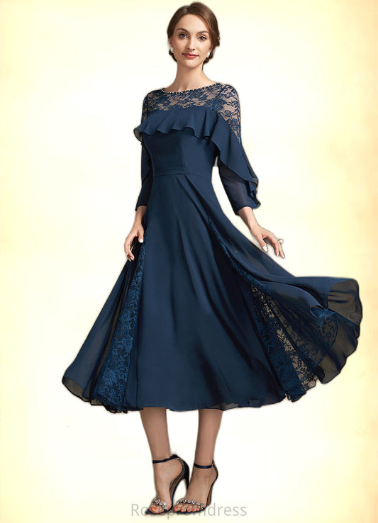 Annabella A-Line Scoop Neck Tea-Length Chiffon Lace Mother of the Bride Dress With Beading Cascading Ruffles SRS126P0014952
