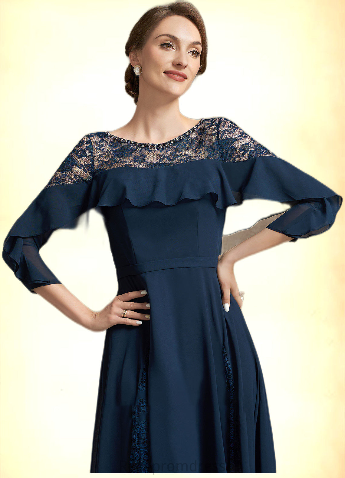 Annabella A-Line Scoop Neck Tea-Length Chiffon Lace Mother of the Bride Dress With Beading Cascading Ruffles SRS126P0014952