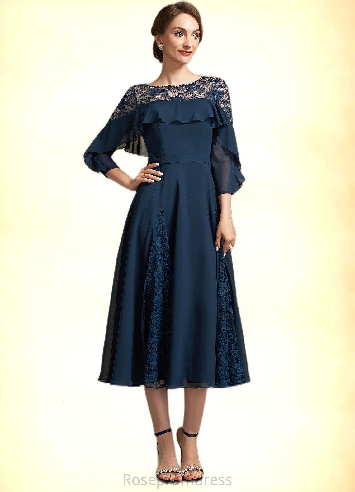 Annabella A-Line Scoop Neck Tea-Length Chiffon Lace Mother of the Bride Dress With Beading Cascading Ruffles SRS126P0014952