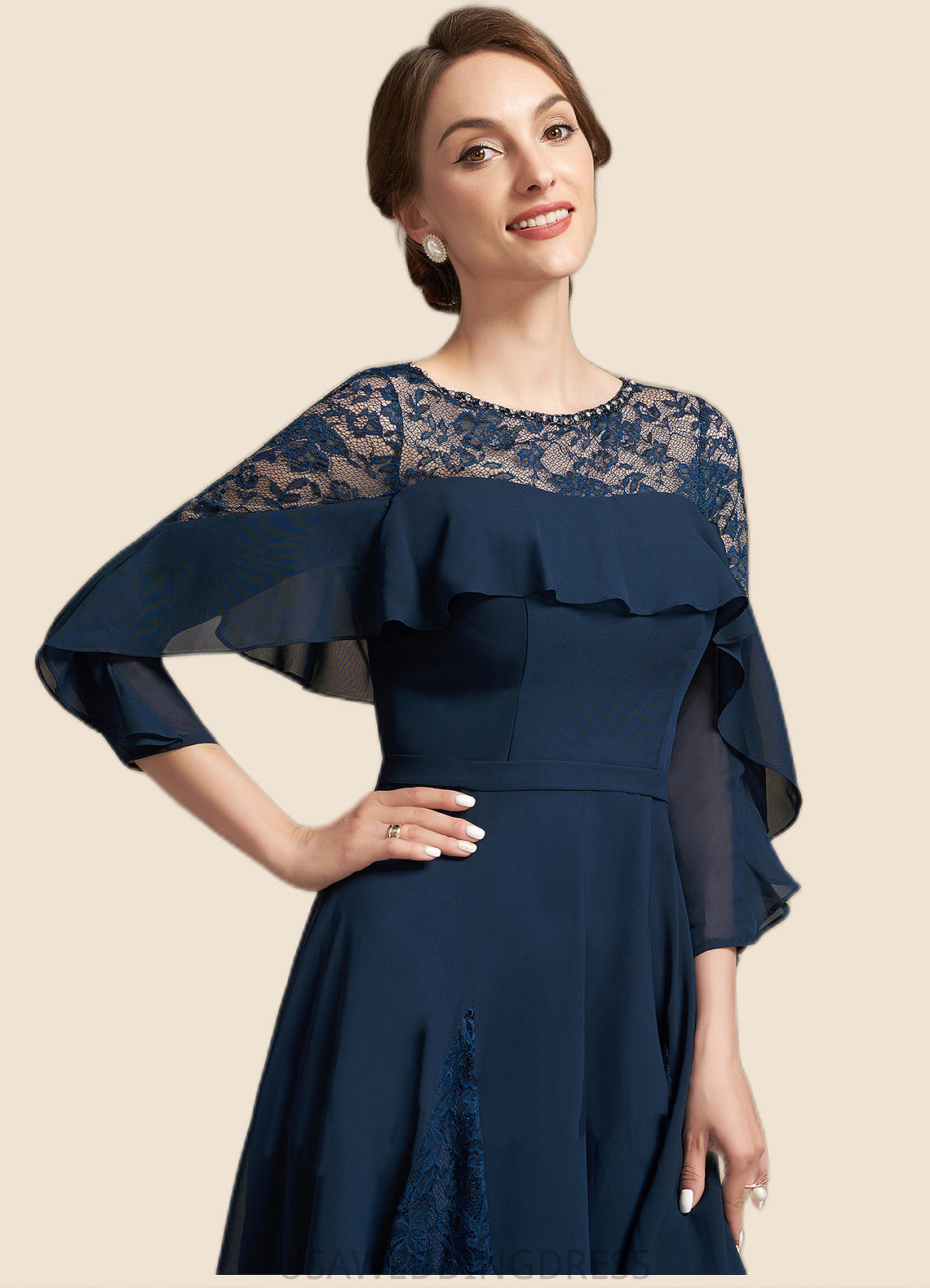 Caitlin A-Line Scoop Neck Tea-Length Chiffon Lace Mother of the Bride Dress With Beading Cascading Ruffles DS126P0014952