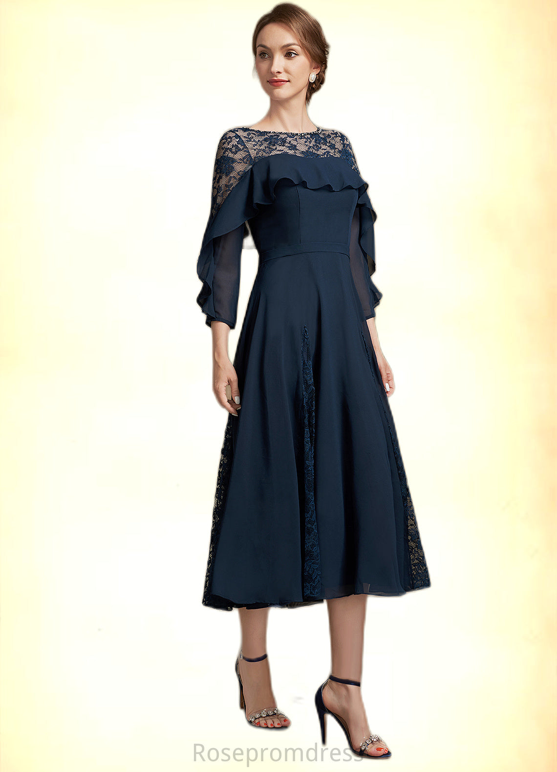 Annabella A-Line Scoop Neck Tea-Length Chiffon Lace Mother of the Bride Dress With Beading Cascading Ruffles SRS126P0014952
