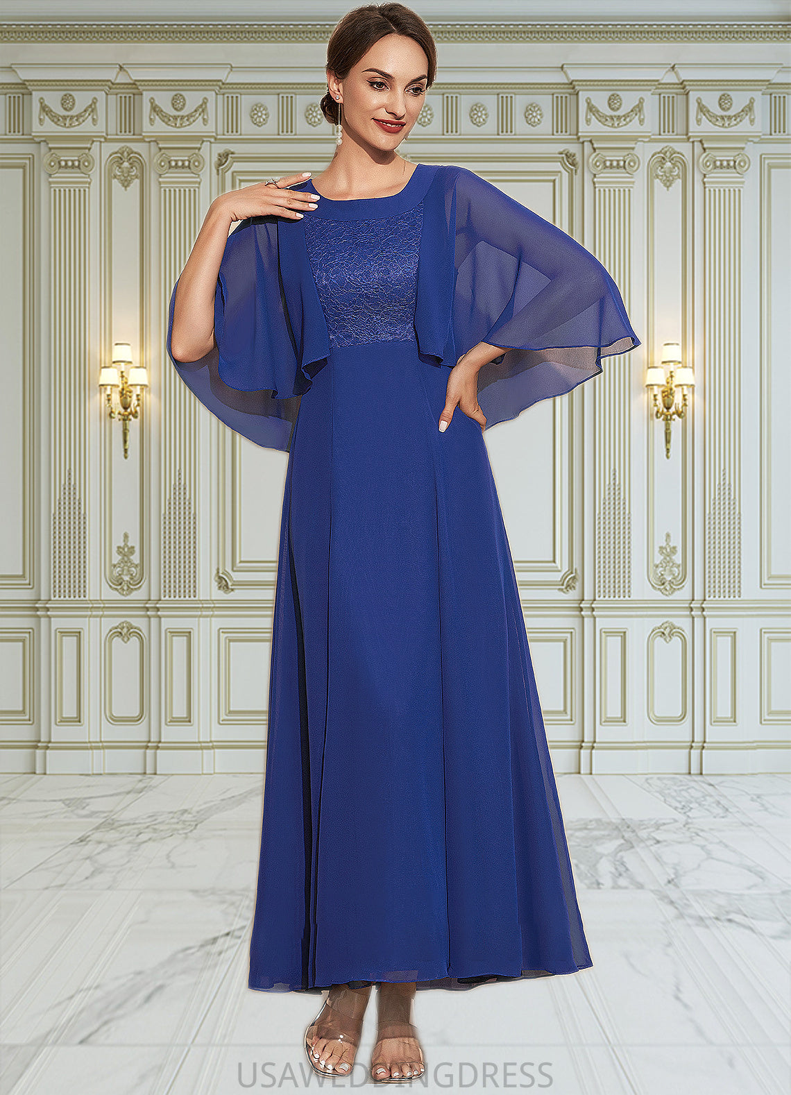 Kiera A-Line Scoop Neck Ankle-Length Chiffon Lace Mother of the Bride Dress DS126P0014953