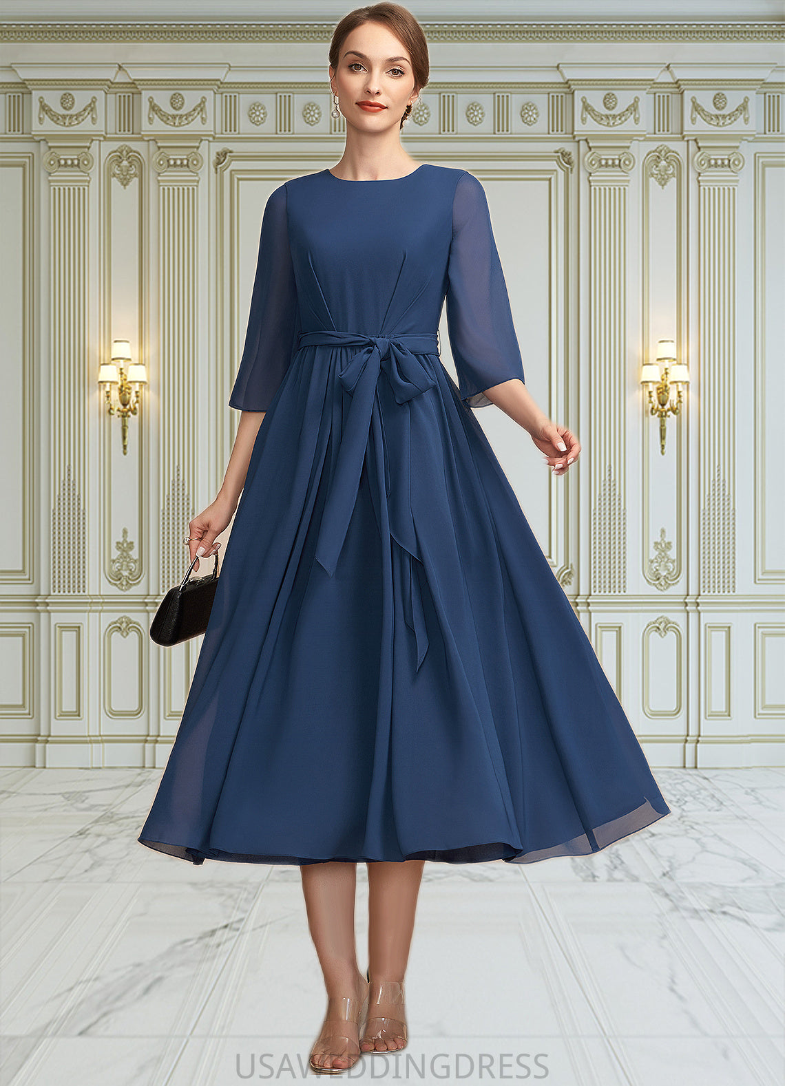 Elliana A-Line Scoop Neck Tea-Length Chiffon Mother of the Bride Dress With Ruffle Bow(s) DS126P0014954