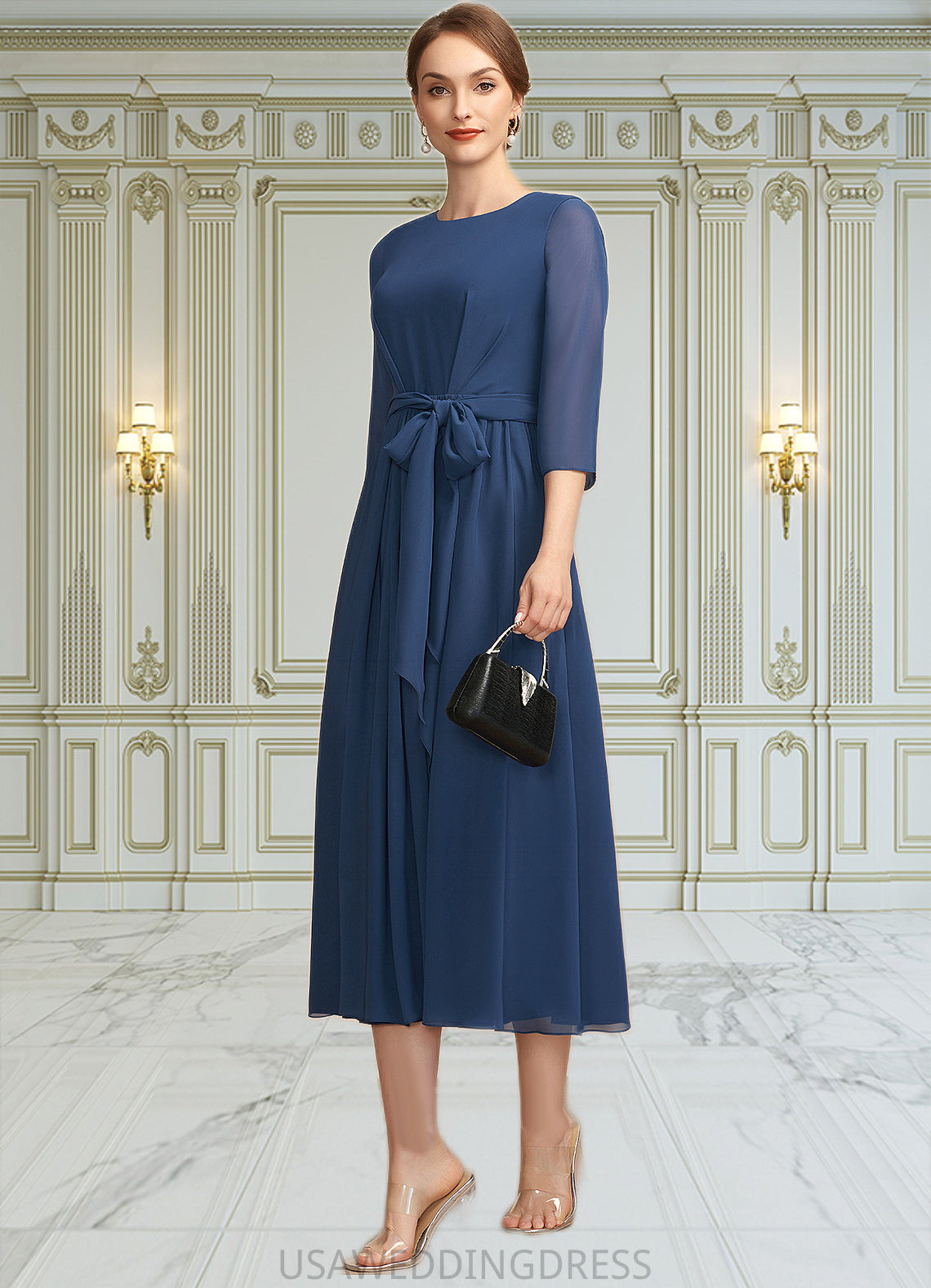 Elliana A-Line Scoop Neck Tea-Length Chiffon Mother of the Bride Dress With Ruffle Bow(s) DS126P0014954