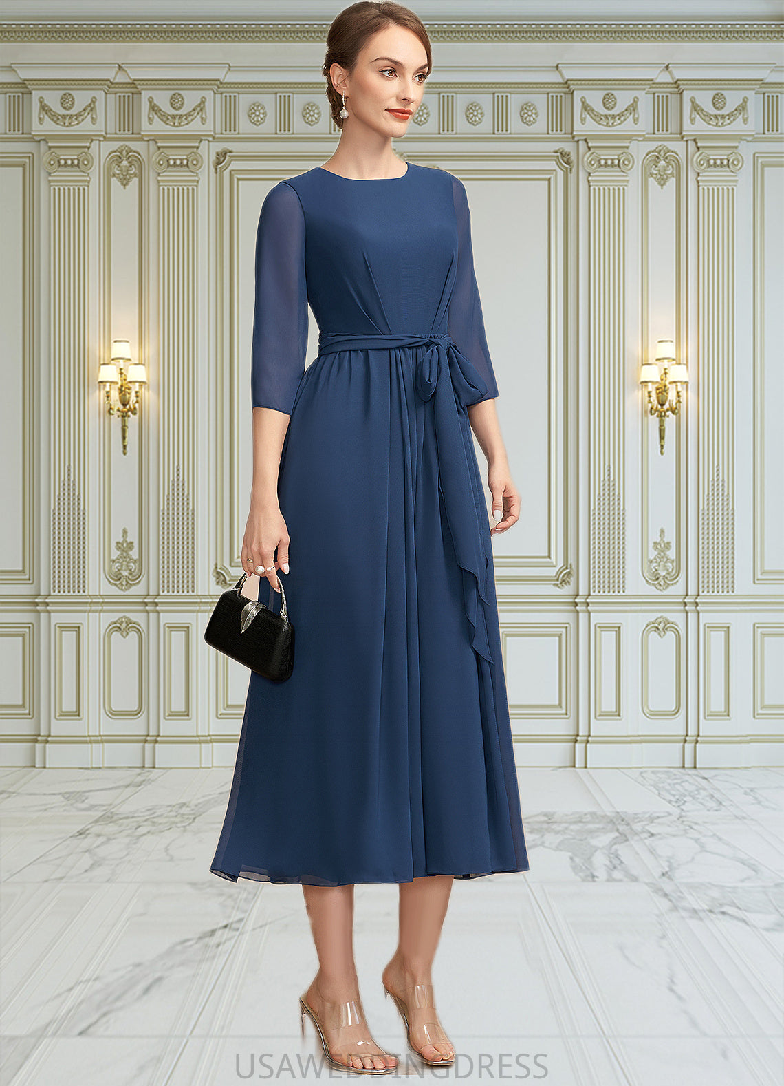 Elliana A-Line Scoop Neck Tea-Length Chiffon Mother of the Bride Dress With Ruffle Bow(s) DS126P0014954