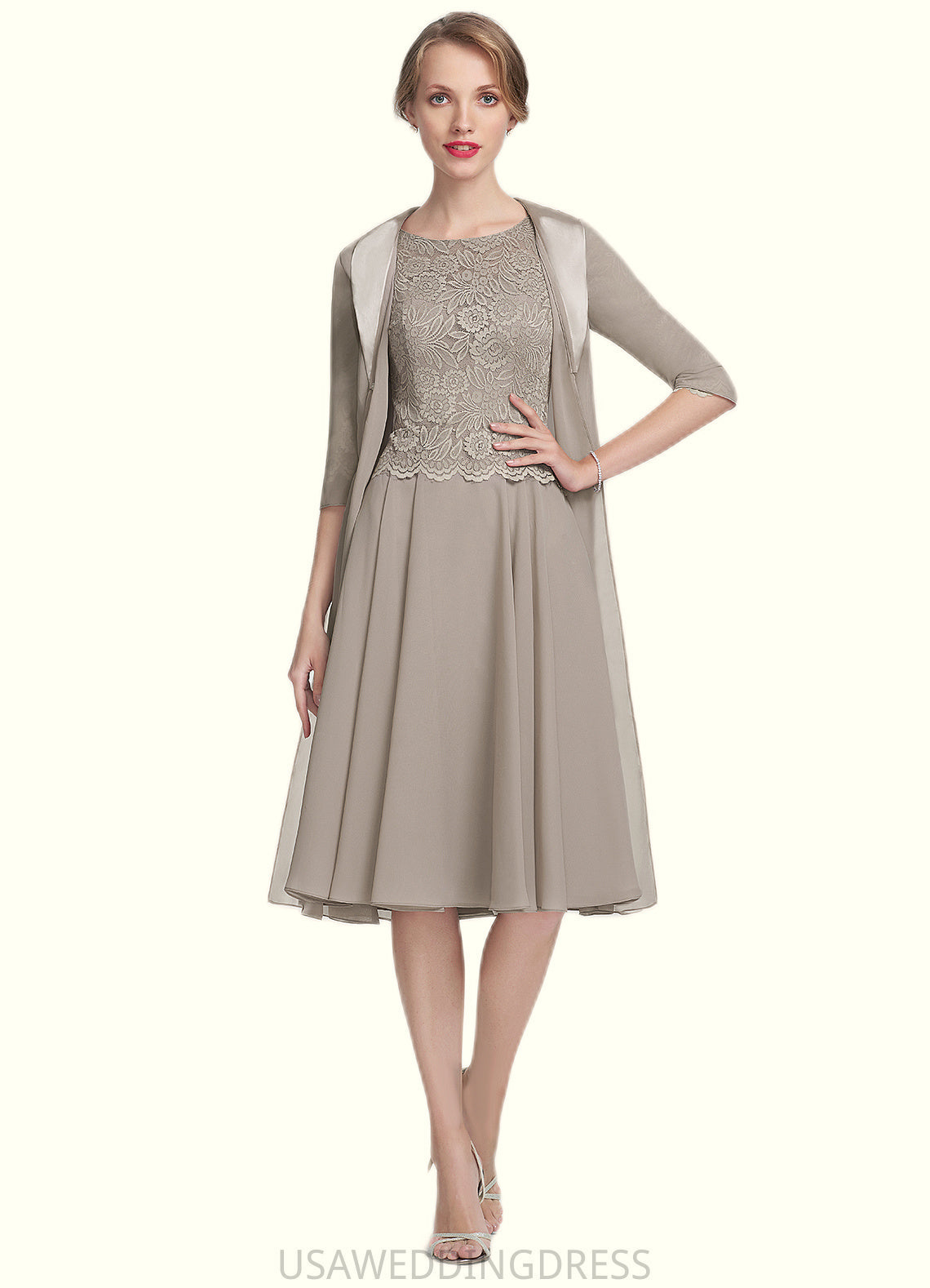Kendal A-Line Scoop Neck Knee-Length Chiffon Lace Mother of the Bride Dress DS126P0014955