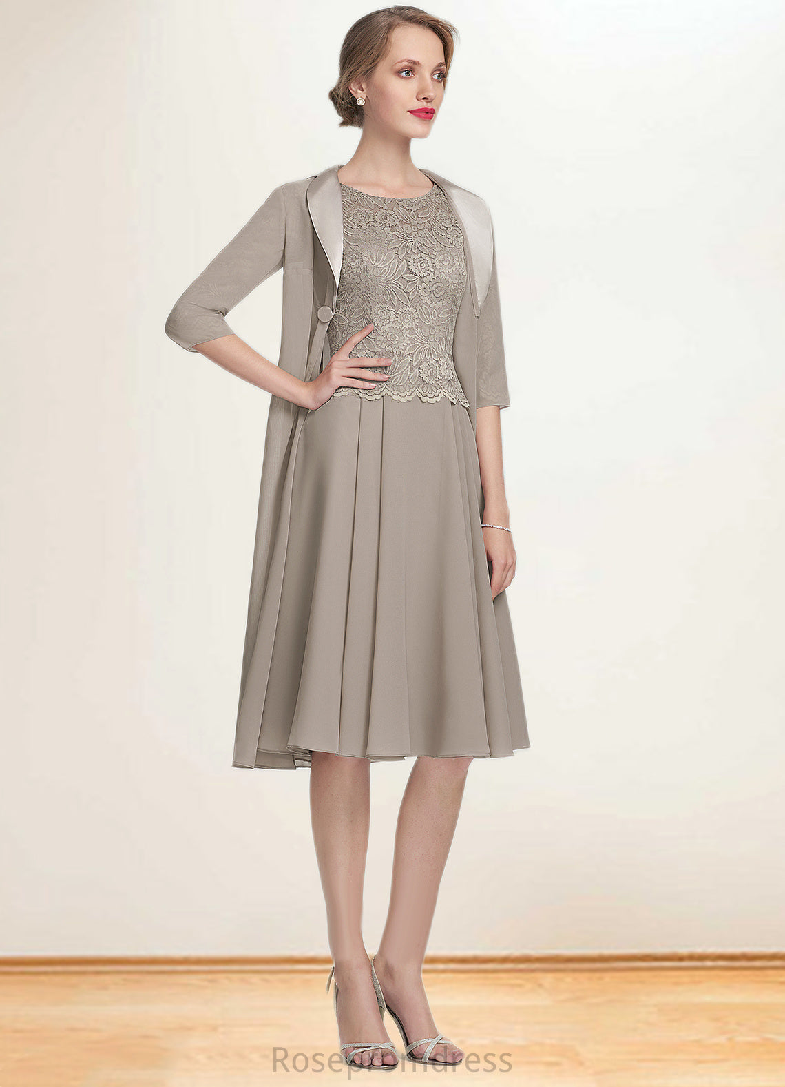Madelyn A-Line Scoop Neck Knee-Length Chiffon Lace Mother of the Bride Dress SRS126P0014955