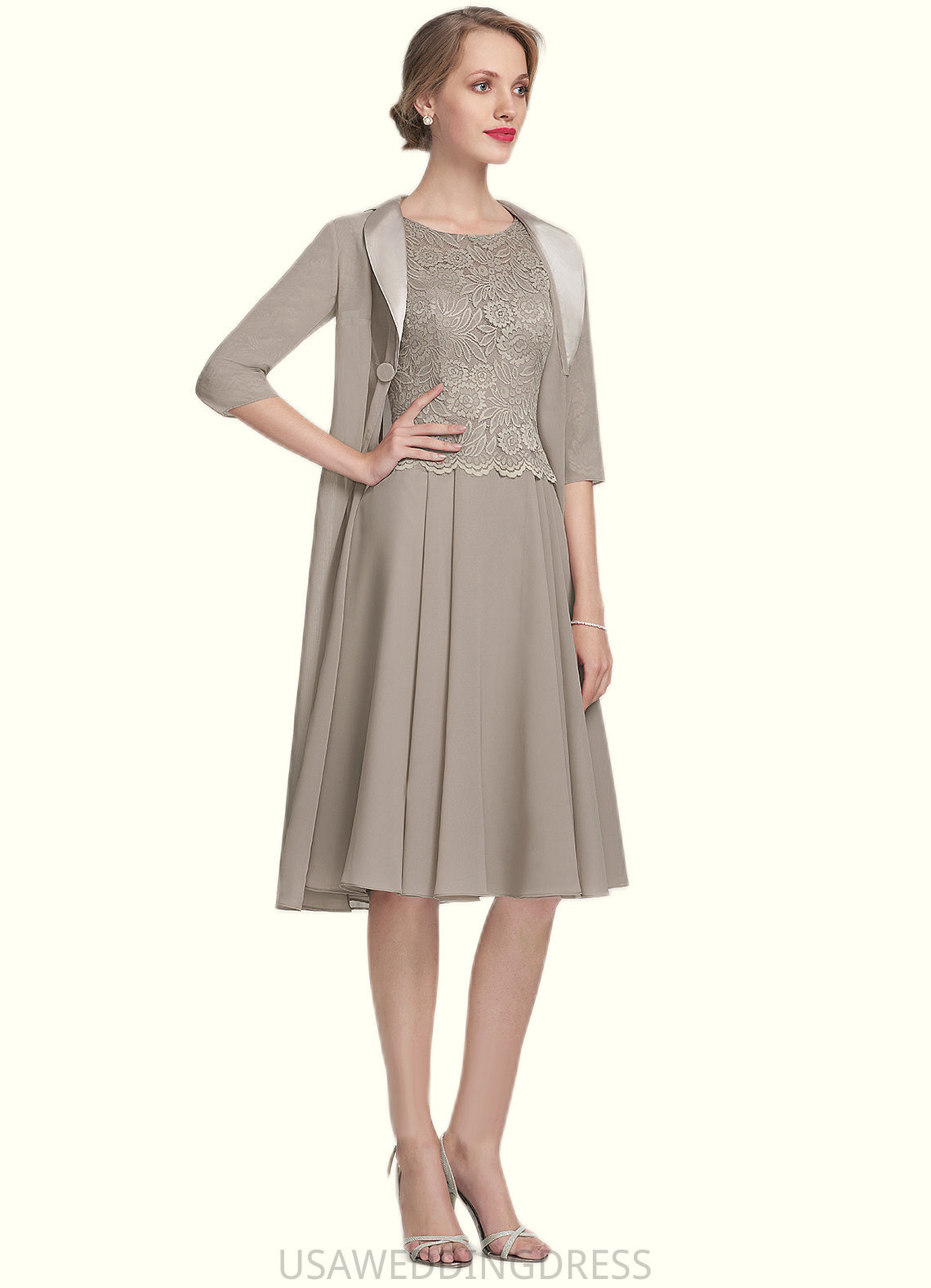 Kendal A-Line Scoop Neck Knee-Length Chiffon Lace Mother of the Bride Dress DS126P0014955