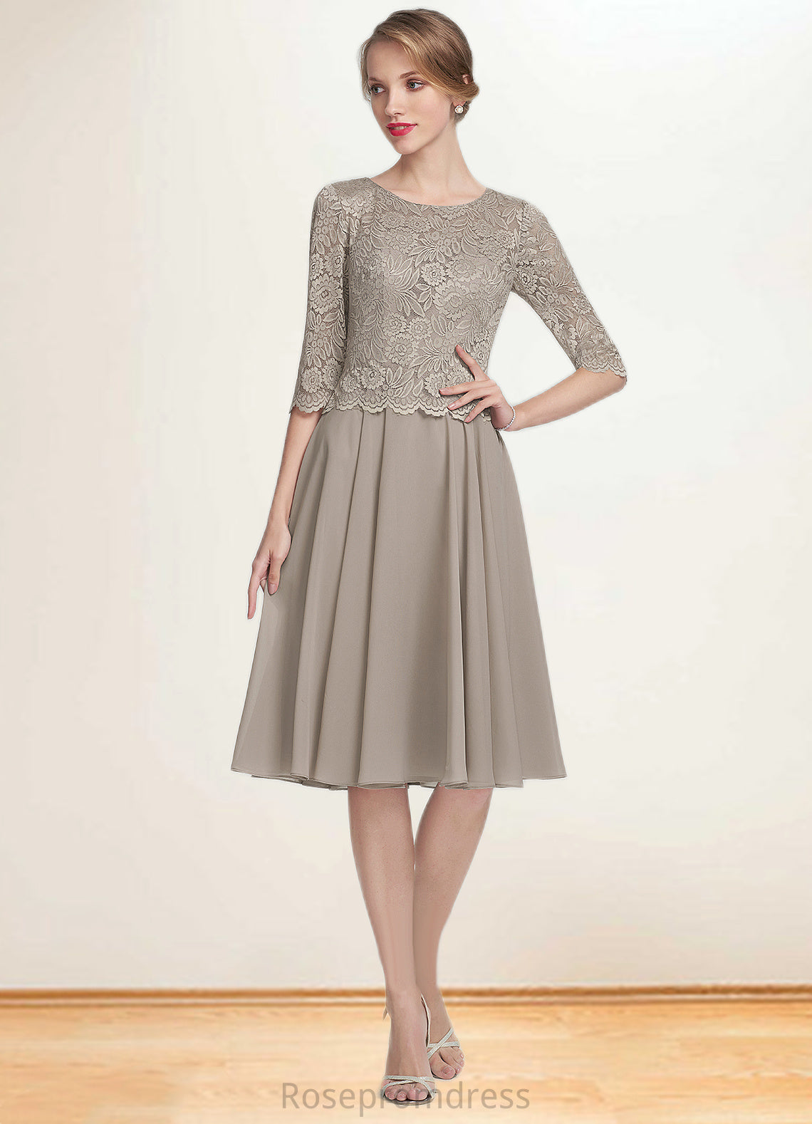 Madelyn A-Line Scoop Neck Knee-Length Chiffon Lace Mother of the Bride Dress SRS126P0014955