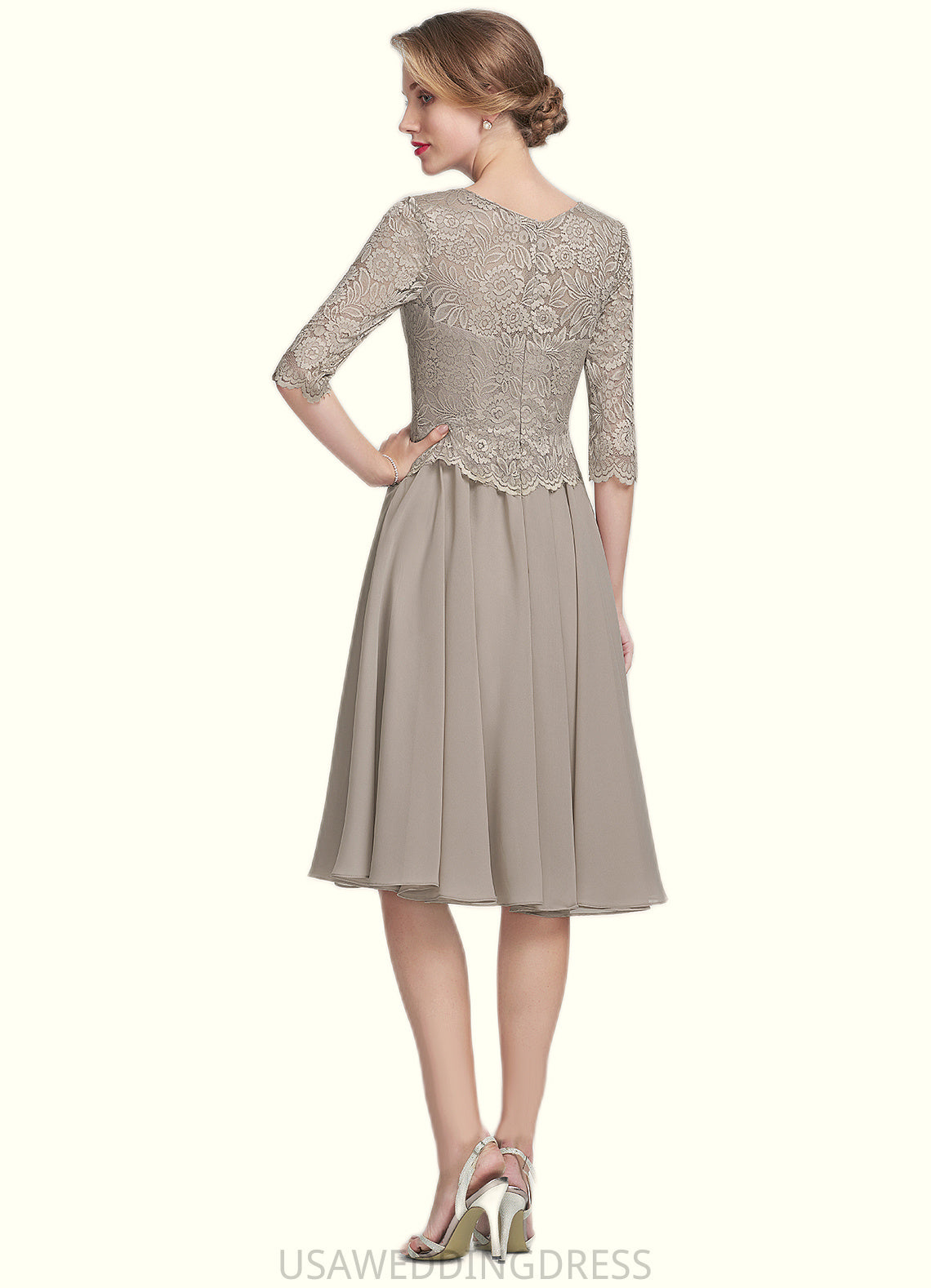 Kendal A-Line Scoop Neck Knee-Length Chiffon Lace Mother of the Bride Dress DS126P0014955