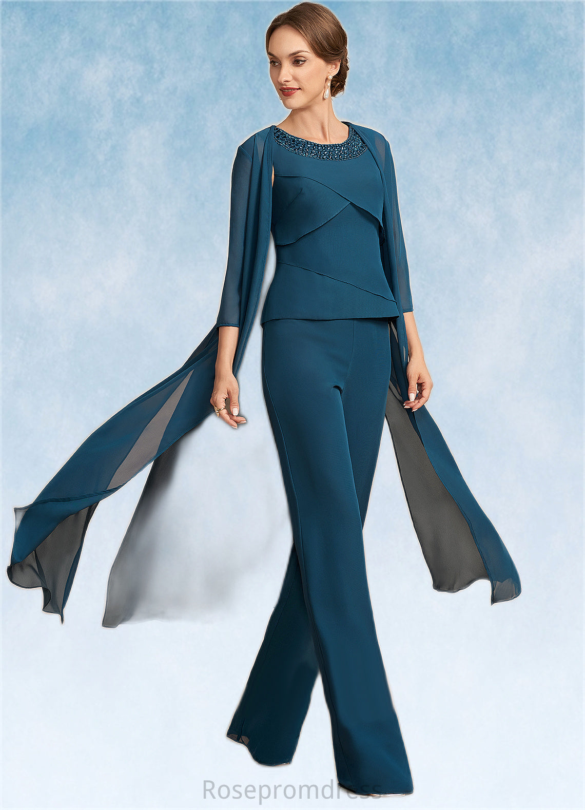 Eva Jumpsuit/Pantsuit Scoop Neck Floor-Length Chiffon Mother of the Bride Dress With Beading Cascading Ruffles SRS126P0014956