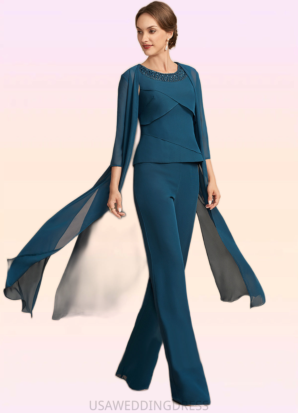 Ella Jumpsuit/Pantsuit Scoop Neck Floor-Length Chiffon Mother of the Bride Dress With Beading Cascading Ruffles DS126P0014956
