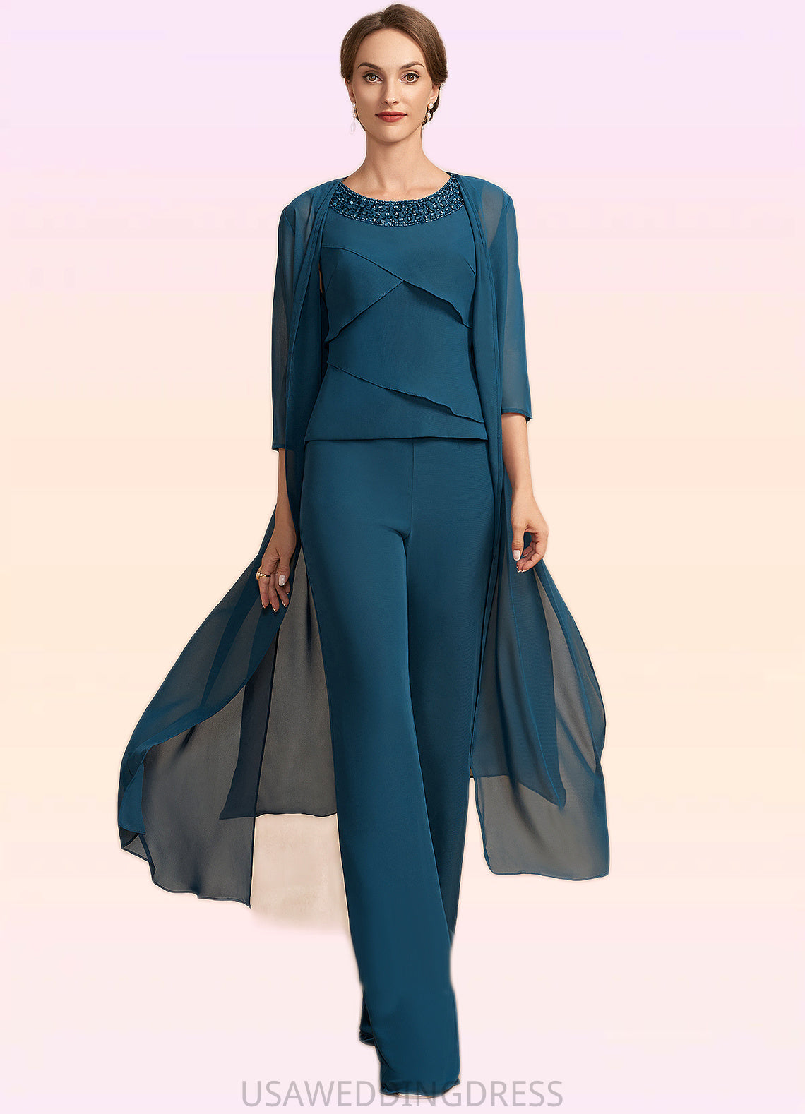 Ella Jumpsuit/Pantsuit Scoop Neck Floor-Length Chiffon Mother of the Bride Dress With Beading Cascading Ruffles DS126P0014956