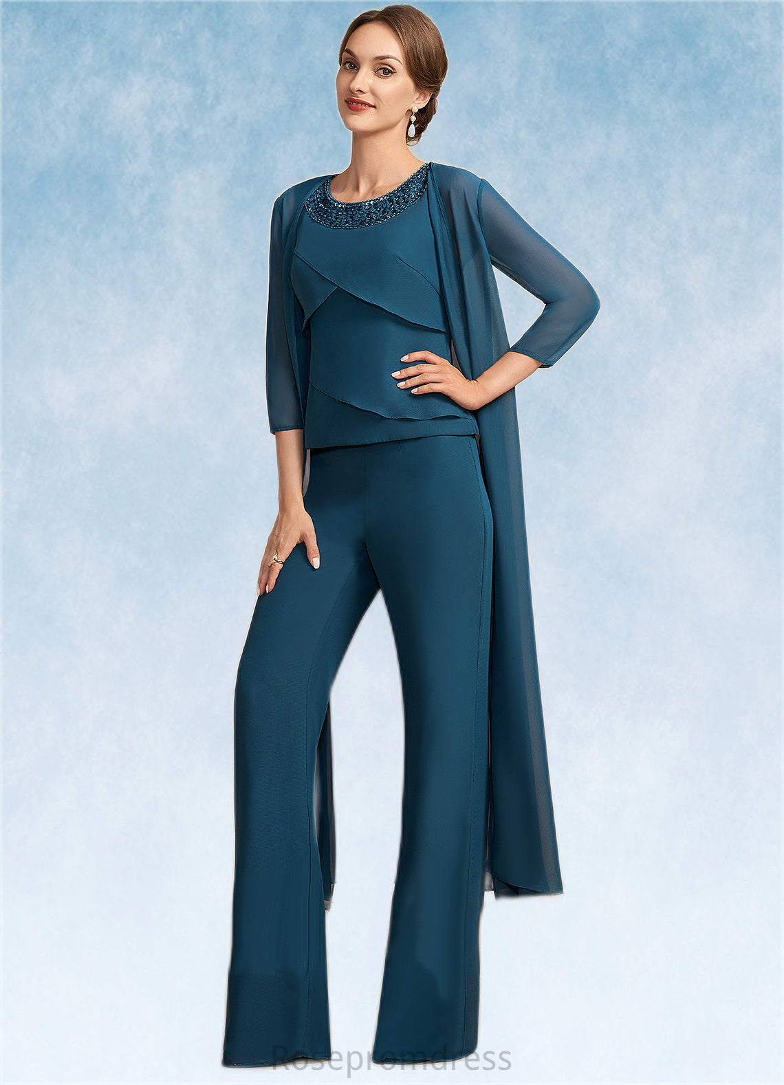 Eva Jumpsuit/Pantsuit Scoop Neck Floor-Length Chiffon Mother of the Bride Dress With Beading Cascading Ruffles SRS126P0014956