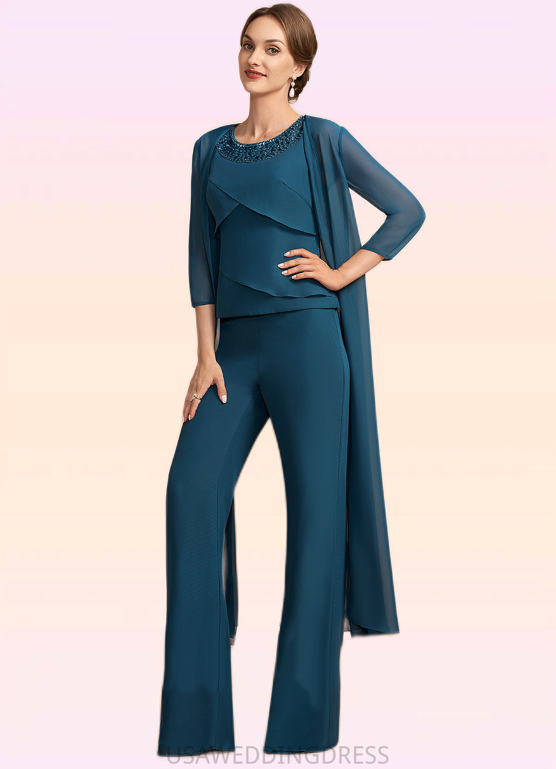 Ella Jumpsuit/Pantsuit Scoop Neck Floor-Length Chiffon Mother of the Bride Dress With Beading Cascading Ruffles DS126P0014956