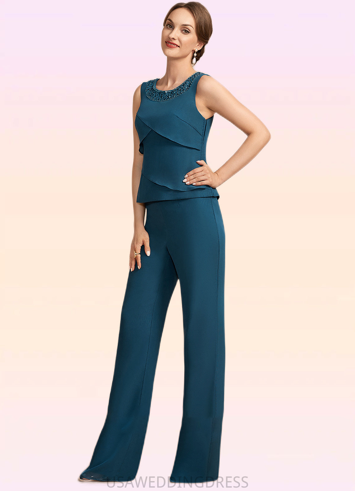 Ella Jumpsuit/Pantsuit Scoop Neck Floor-Length Chiffon Mother of the Bride Dress With Beading Cascading Ruffles DS126P0014956