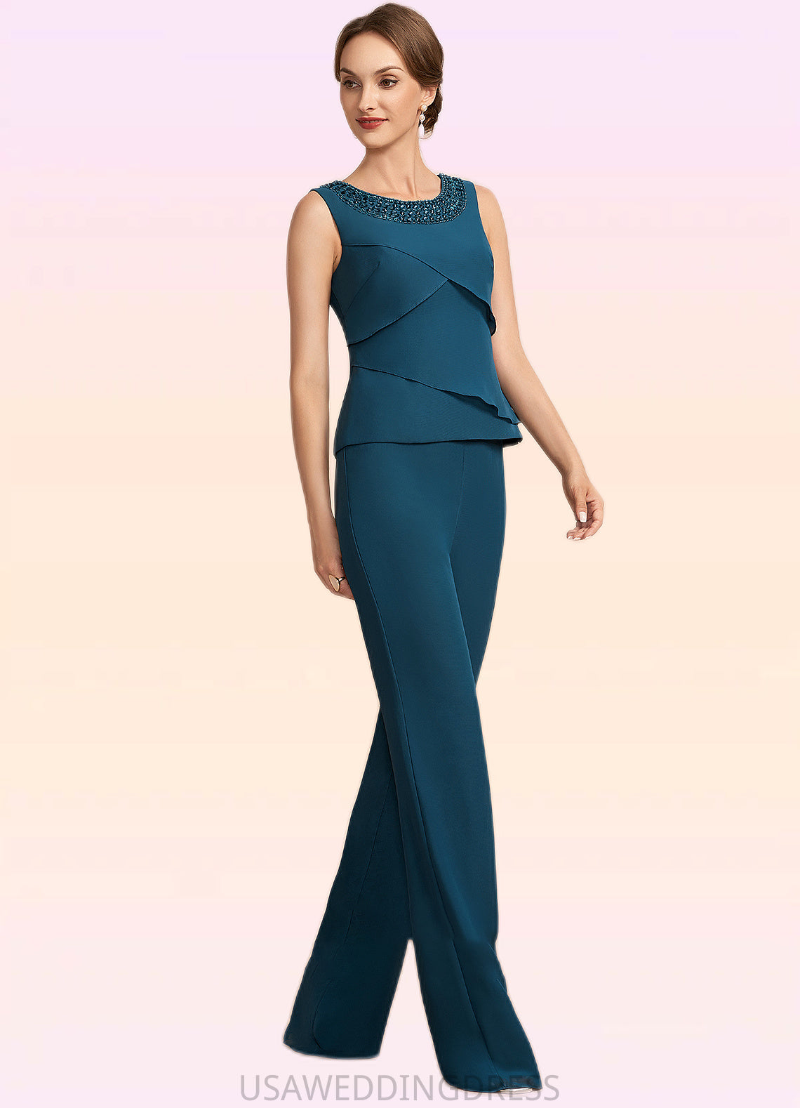 Ella Jumpsuit/Pantsuit Scoop Neck Floor-Length Chiffon Mother of the Bride Dress With Beading Cascading Ruffles DS126P0014956