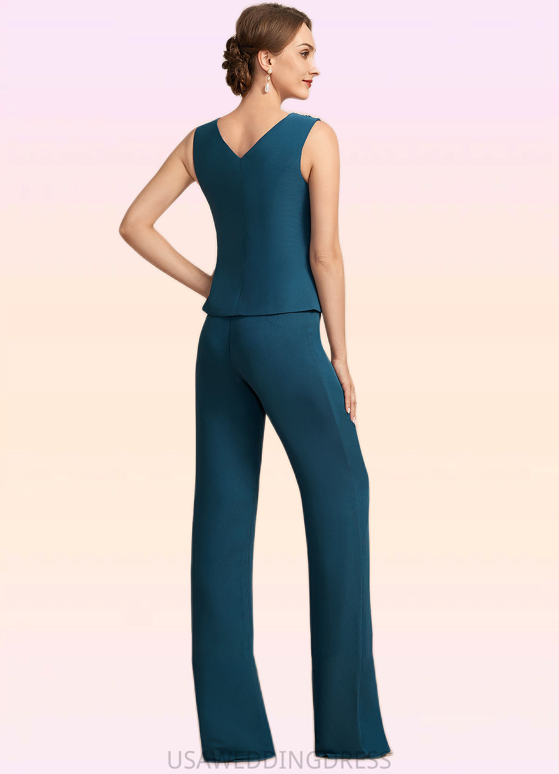 Ella Jumpsuit/Pantsuit Scoop Neck Floor-Length Chiffon Mother of the Bride Dress With Beading Cascading Ruffles DS126P0014956
