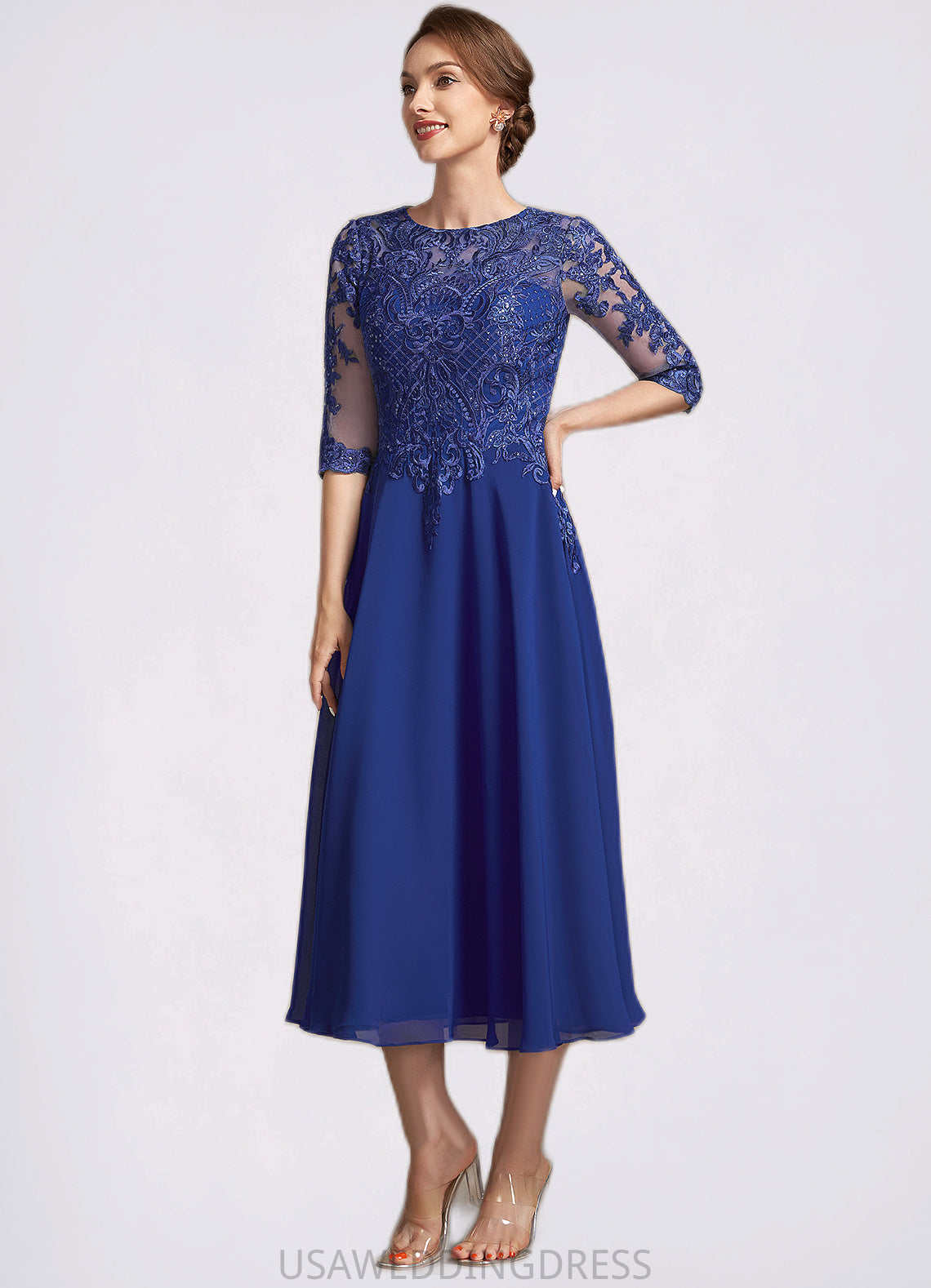 Jolie A-Line Scoop Neck Tea-Length Chiffon Lace Mother of the Bride Dress With Sequins DS126P0014959