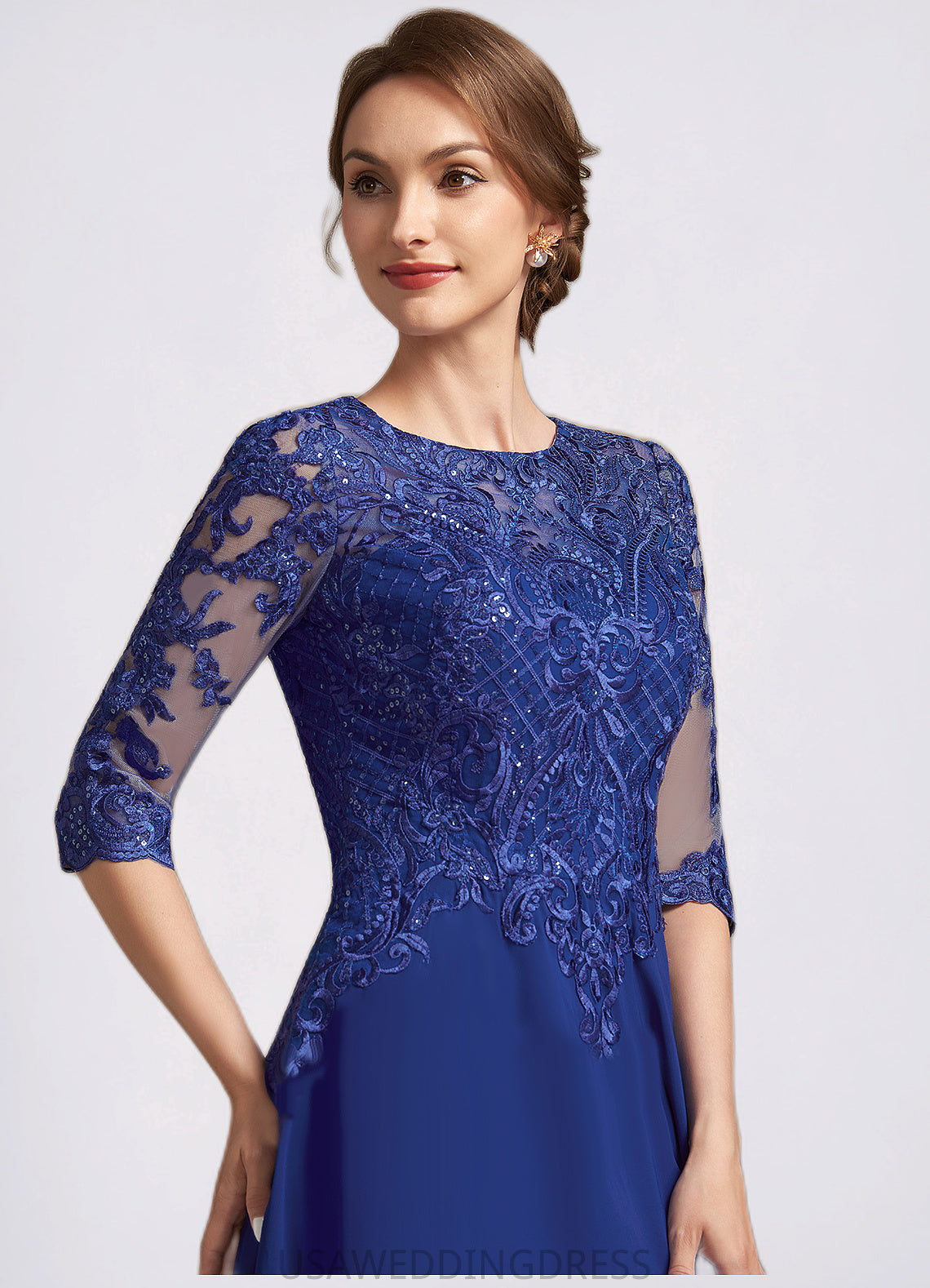 Jolie A-Line Scoop Neck Tea-Length Chiffon Lace Mother of the Bride Dress With Sequins DS126P0014959